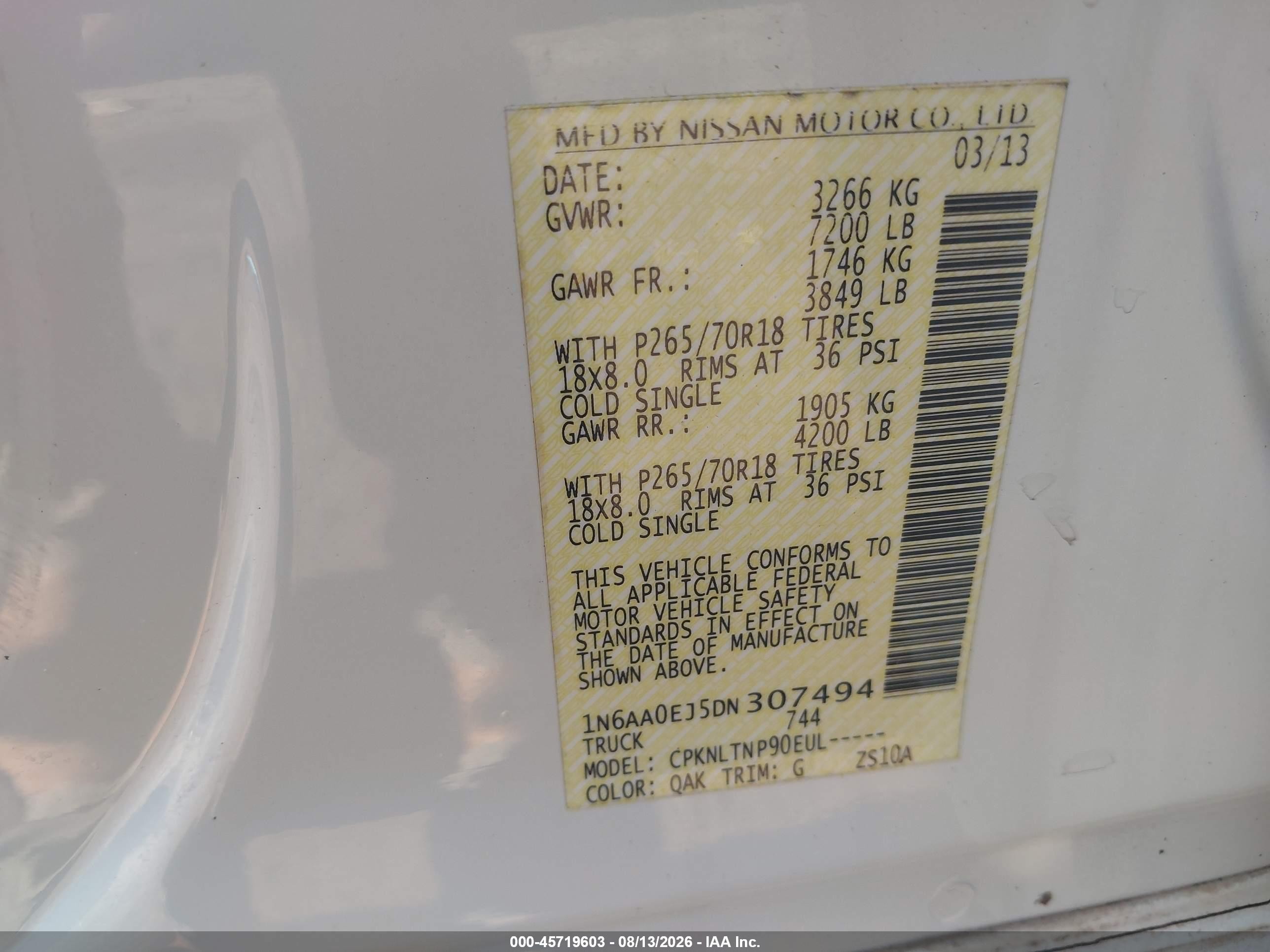 2013 Nissan Titan Sv White vin: 1N6AA0EJ5DN307494