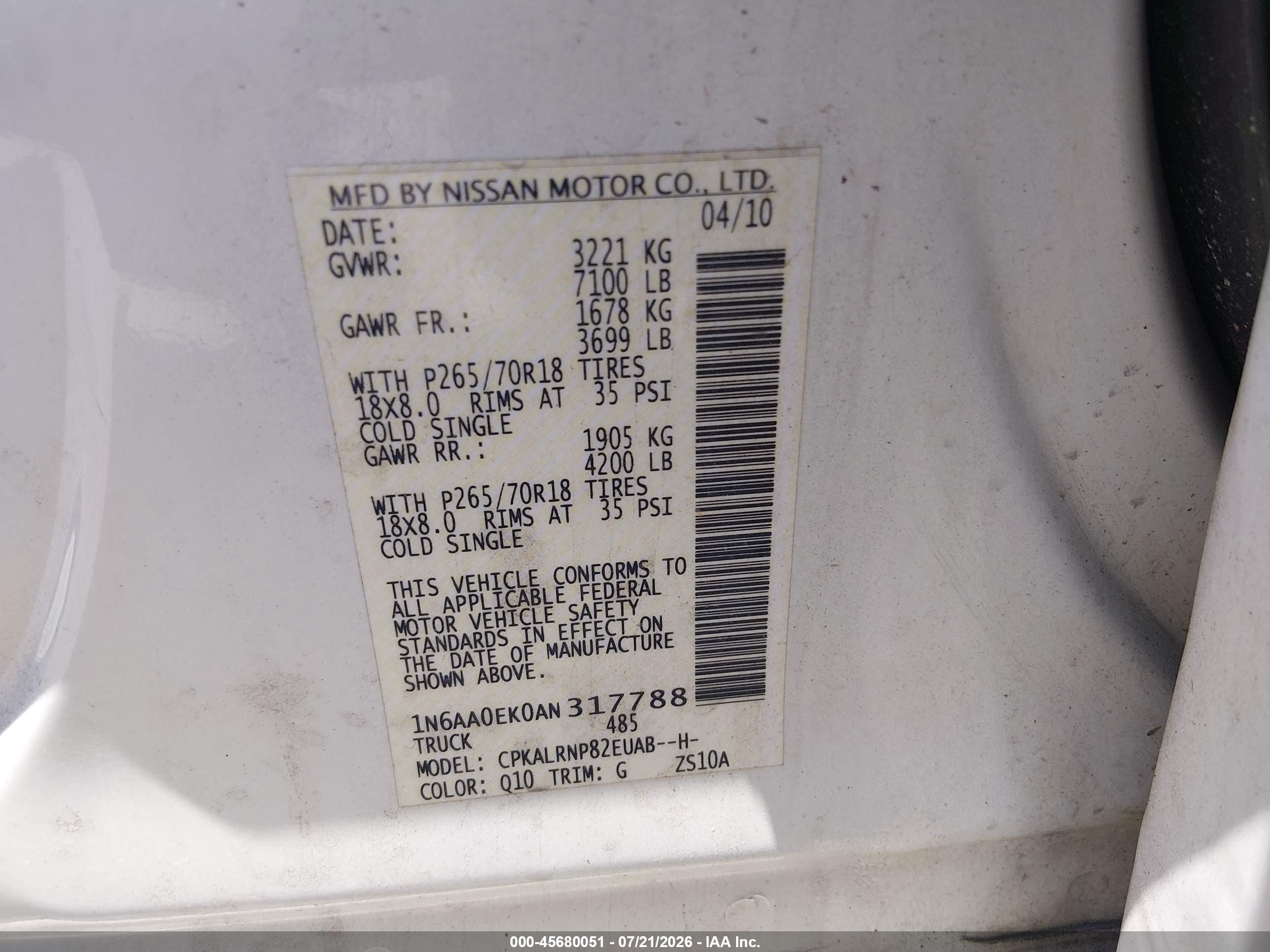 2010 Nissan Titan Xe White vin: 1N6AA0EK0AN317788