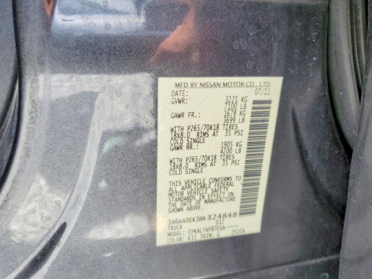 2011 Nissan Titan S Серый vin: 1N6AA0EK3BN324848