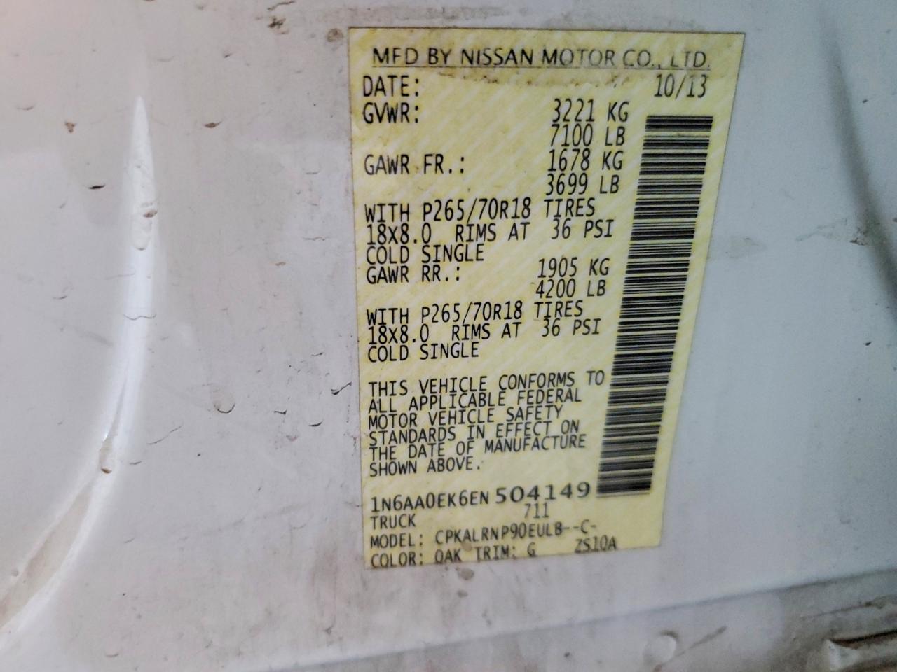 2014 Nissan Titan S White vin: 1N6AA0EK6EN504149