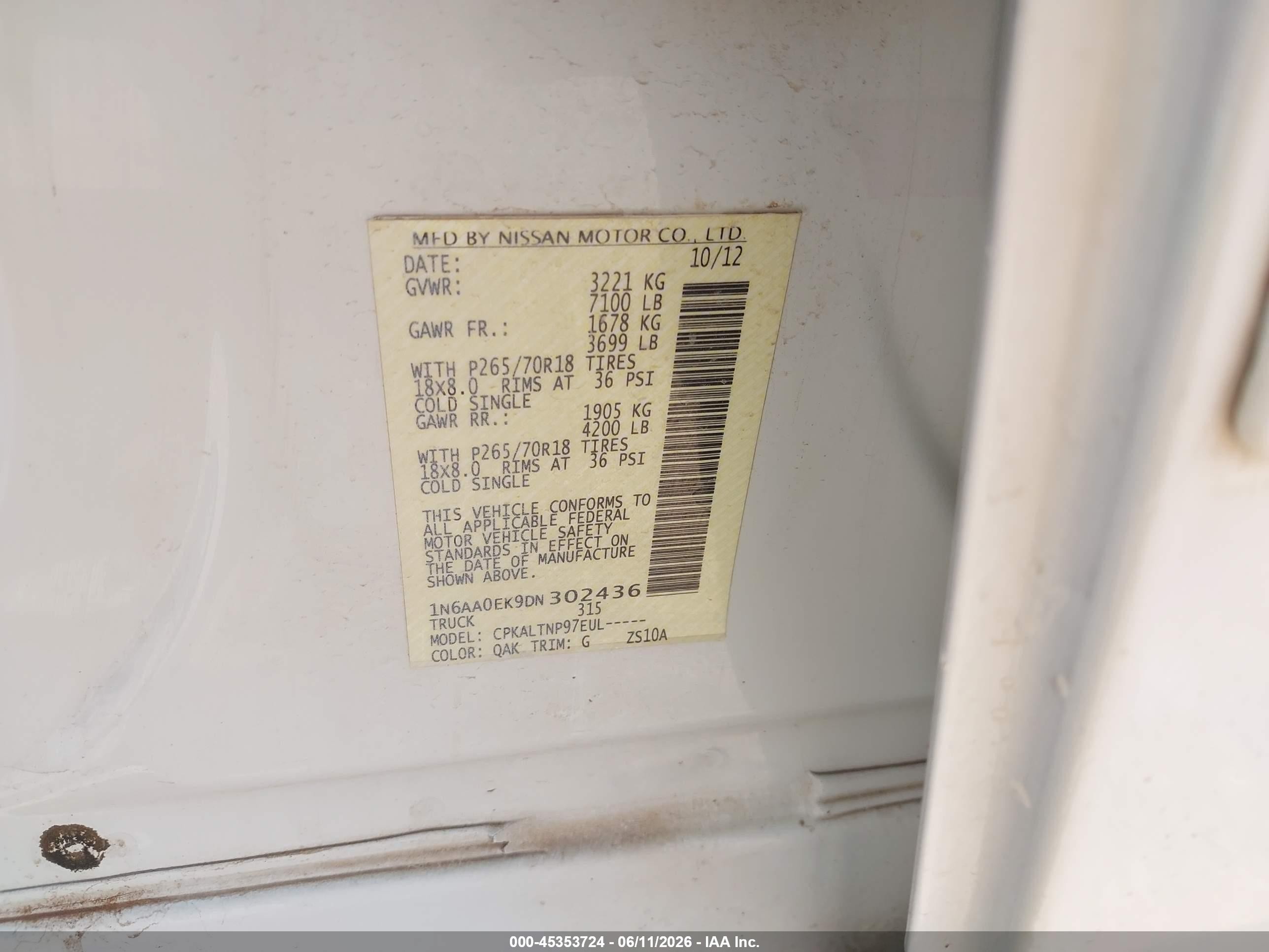 2013 Nissan Titan Sv White vin: 1N6AA0EK9DN302436
