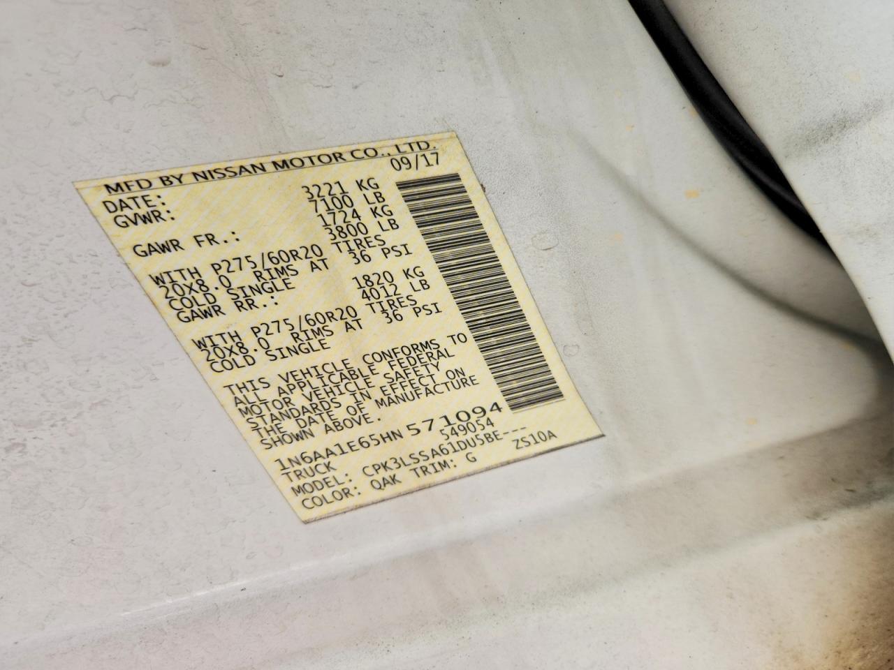 2017 Nissan Titan S White vin: 1N6AA1E65HN571094