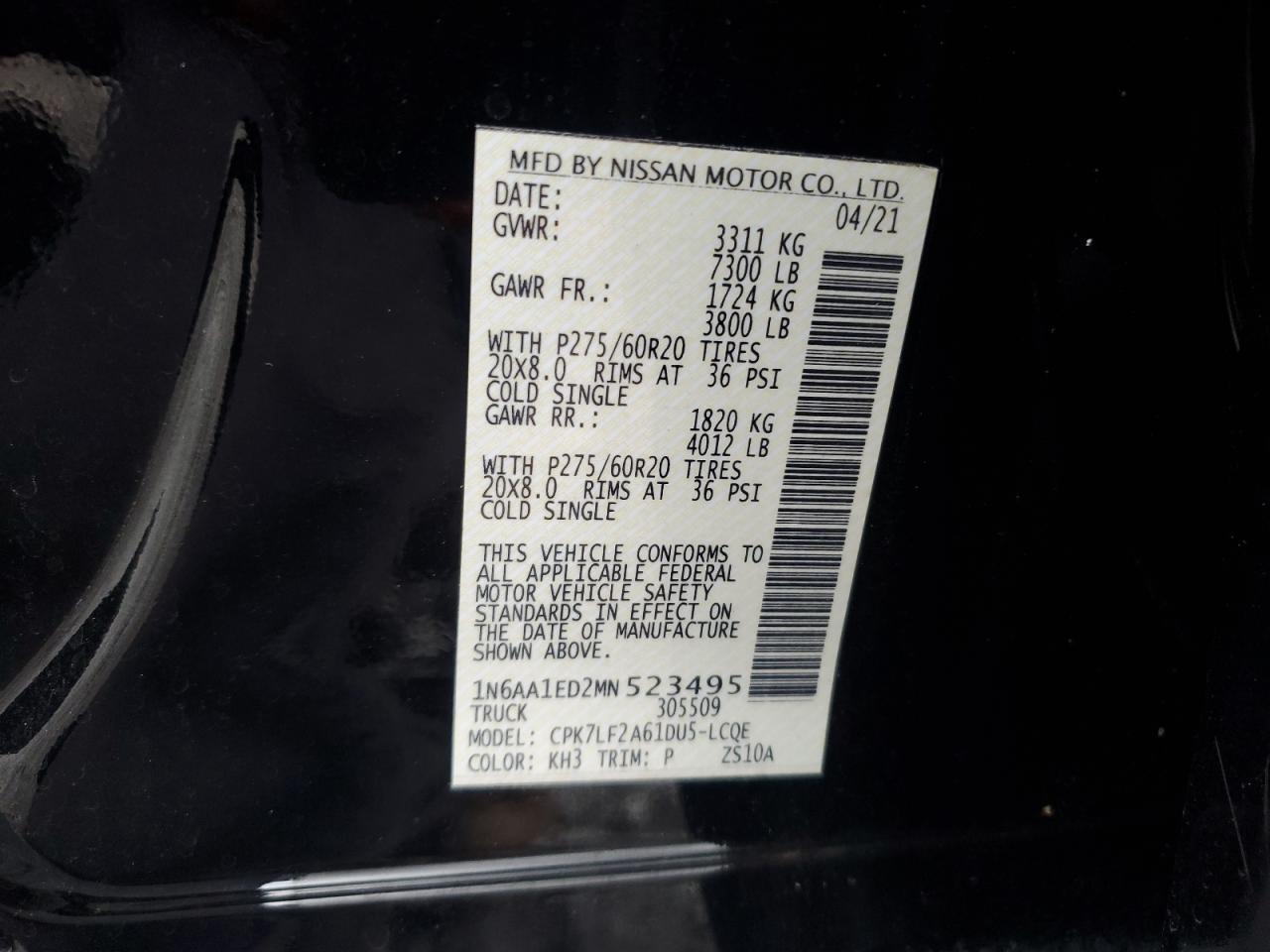 2021 Nissan Titan Sv Black vin: 1N6AA1ED2MN523495