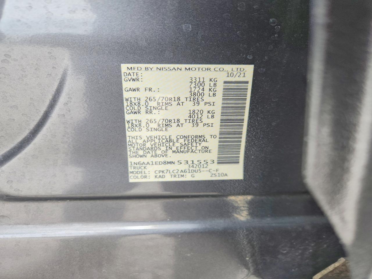 2021 Nissan Titan Sv Gray vin: 1N6AA1ED8MN531553