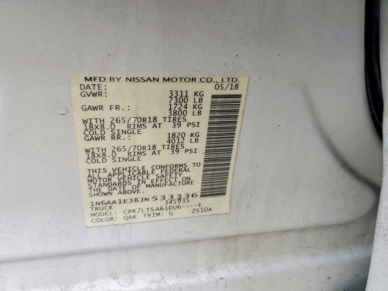 2018 Nissan Titan S White vin: 1N6AA1EJ8JN533336