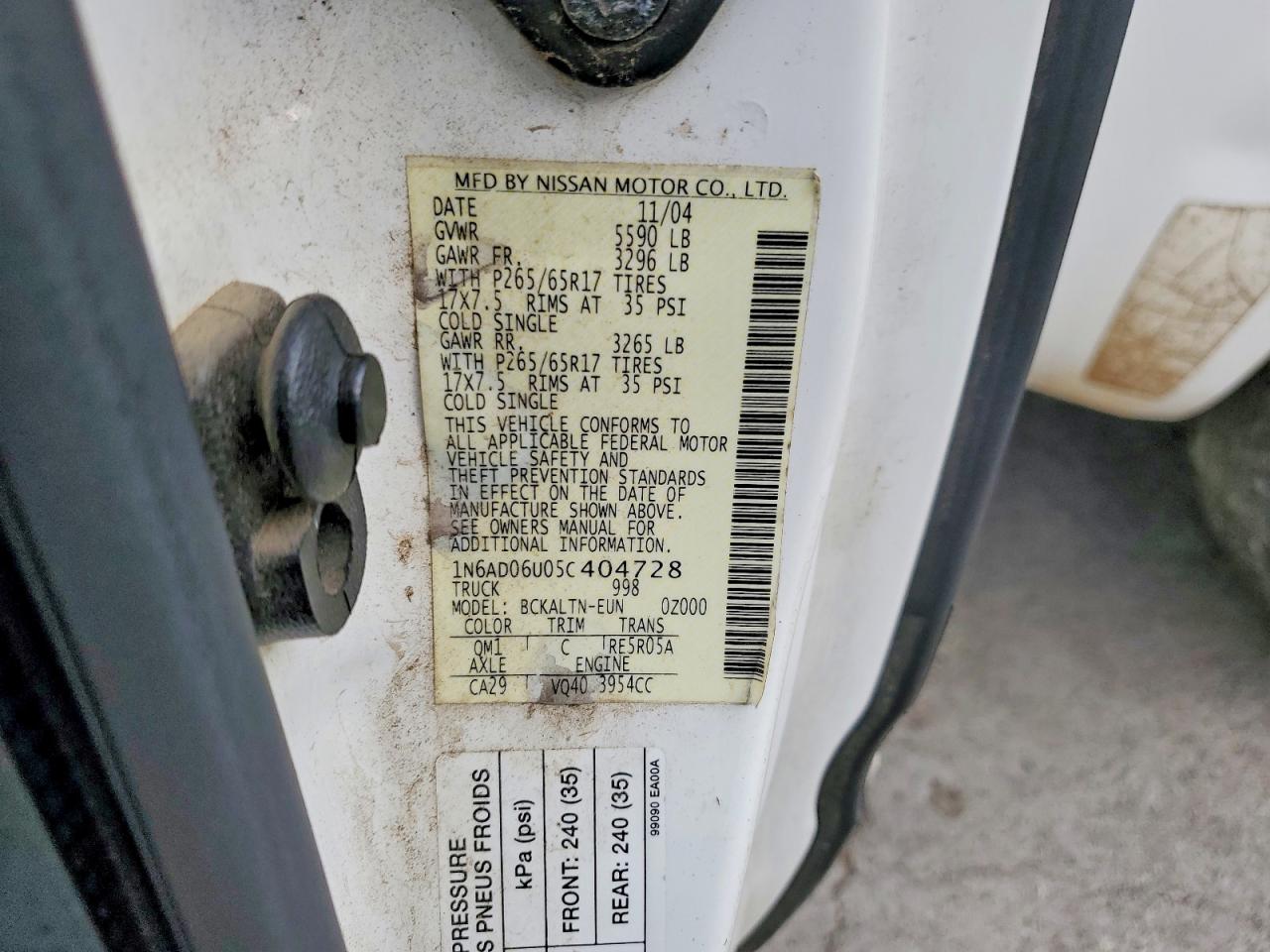 2005 Nissan Frontier Se White vin: 1N6AD06U05C404728