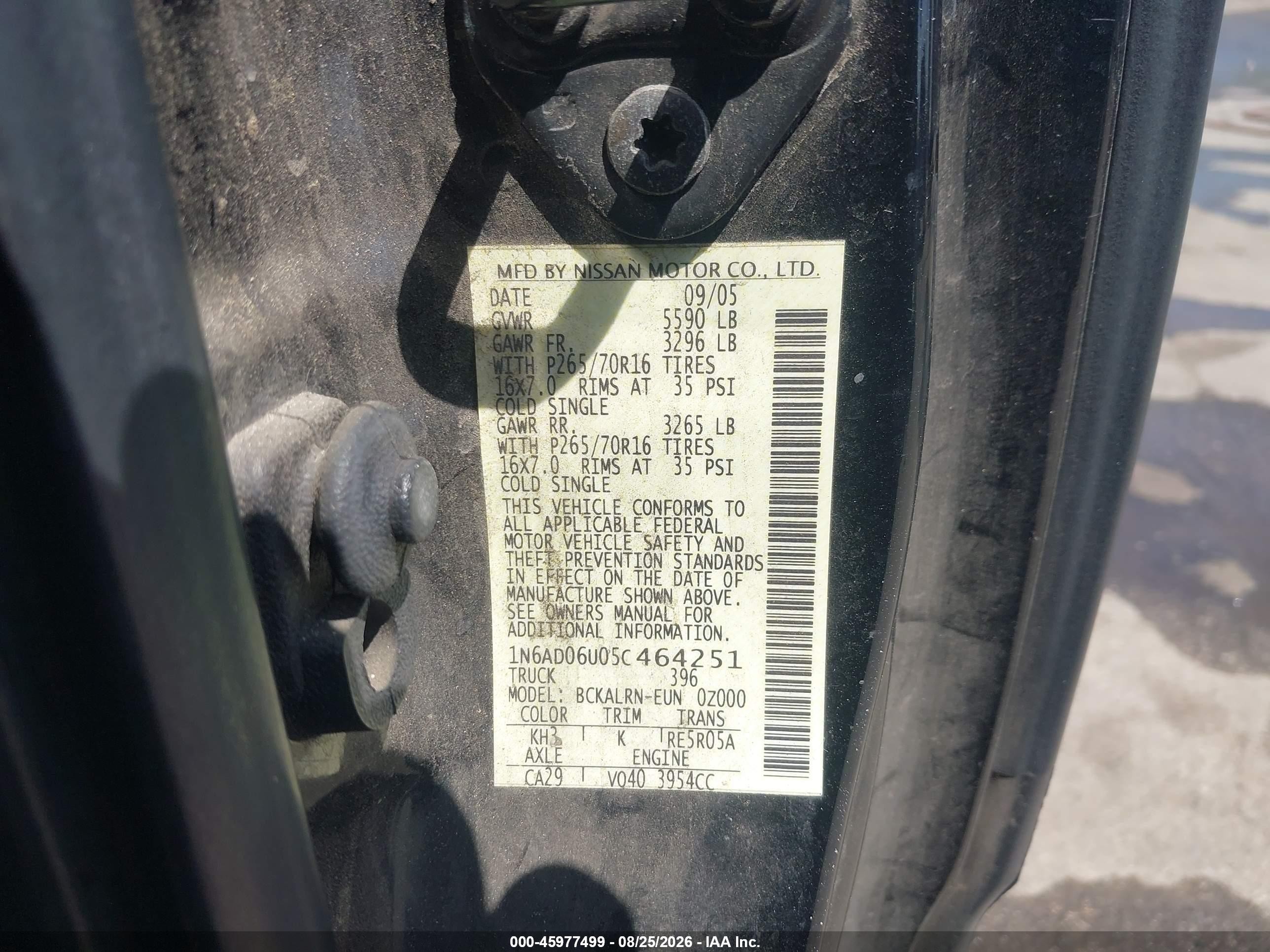2005 Nissan Frontier Se Черный vin: 1N6AD06U05C464251