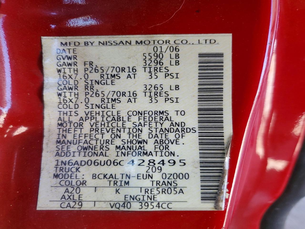 2006 Nissan Frontier Se Red vin: 1N6AD06U06C428495