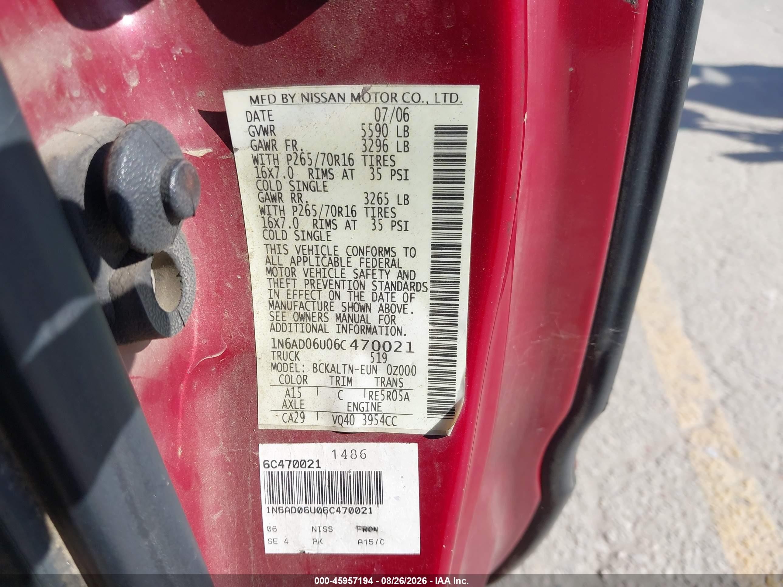 2006 Nissan Frontier Se Red vin: 1N6AD06U06C470021