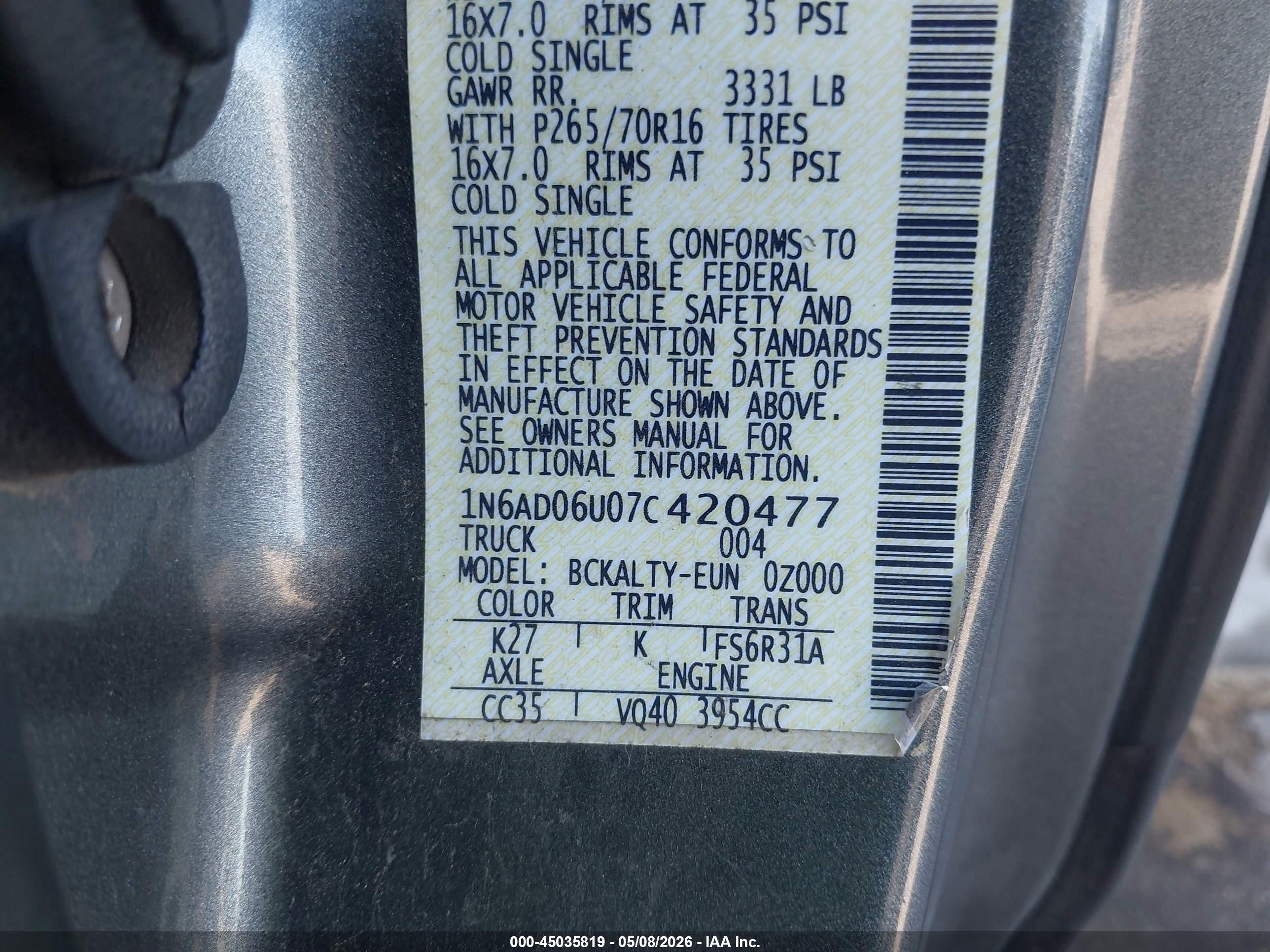 2007 Nissan Frontier Se Gray vin: 1N6AD06U07C420477