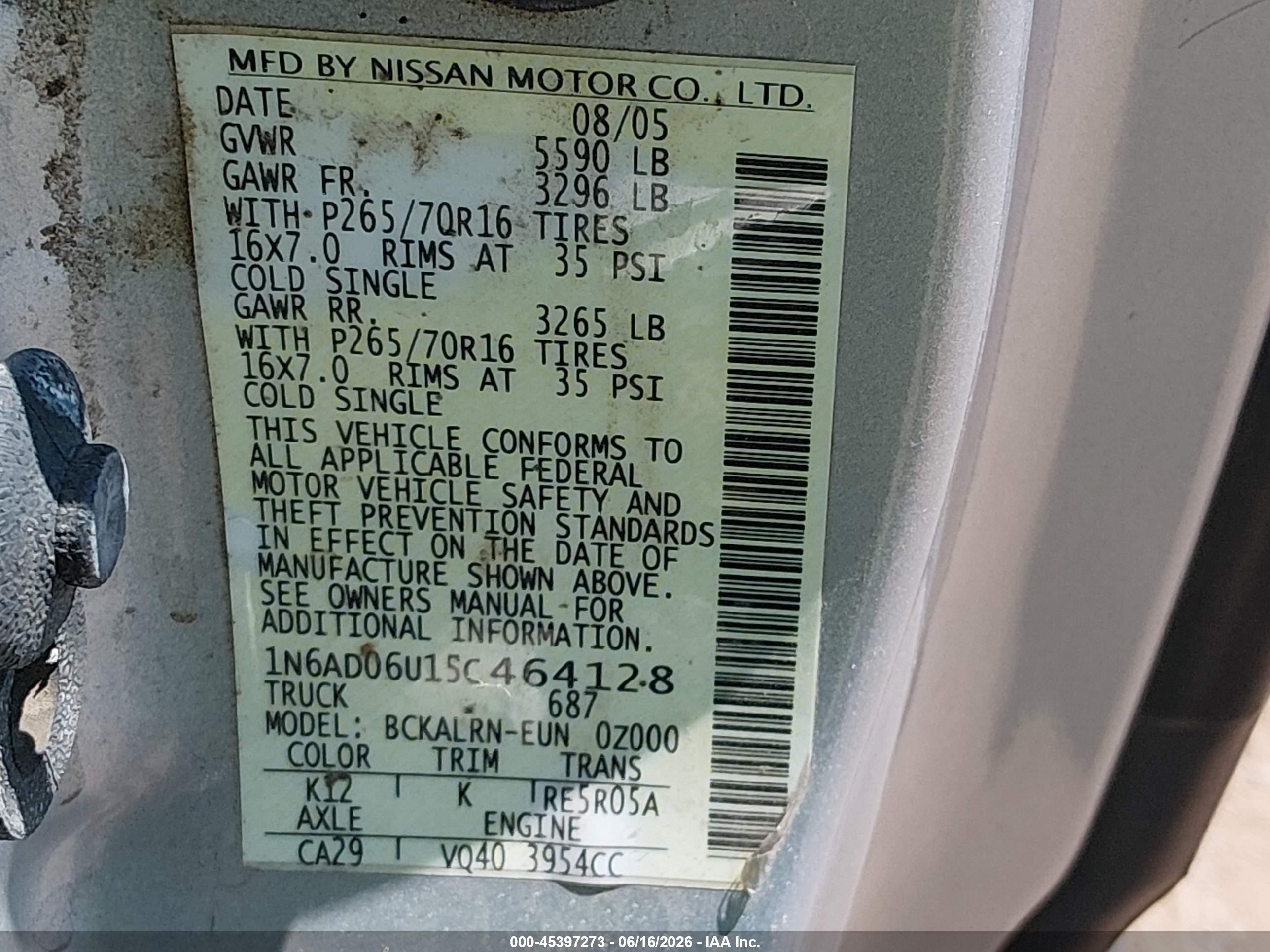 2005 Nissan Frontier Se Silver vin: 1N6AD06U15C464128