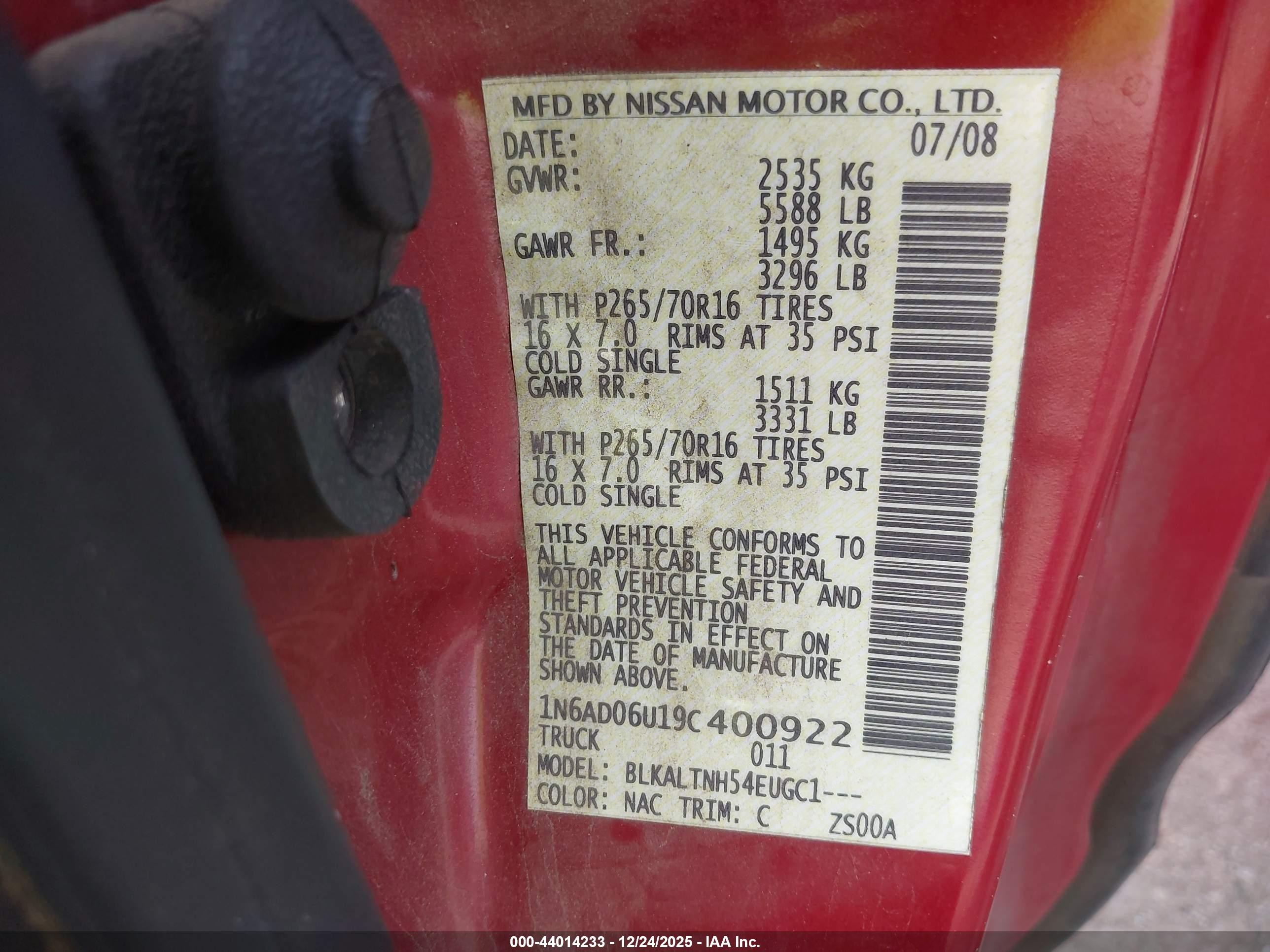 2009 Nissan Frontier Se Red vin: 1N6AD06U19C400922