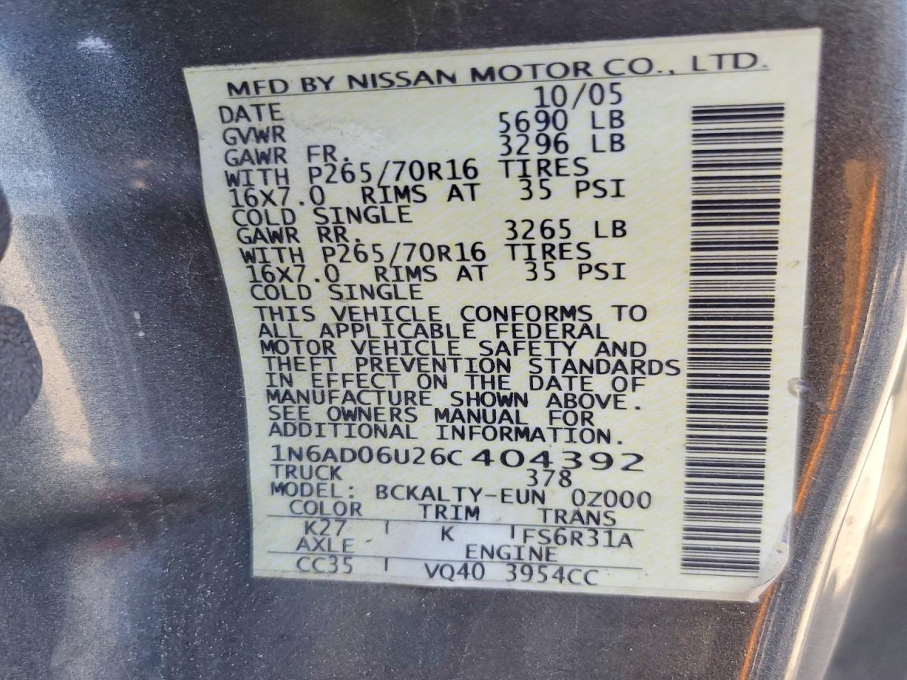 2006 Nissan Frontier Se Gray vin: 1N6AD06U26C404392