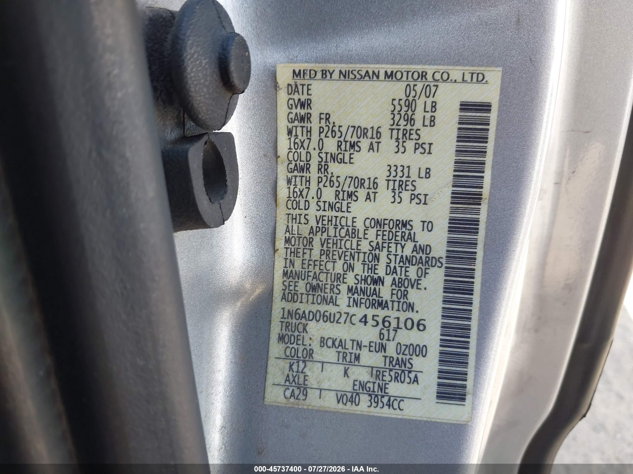 2007 Nissan Frontier Se Silver vin: 1N6AD06U27C456106