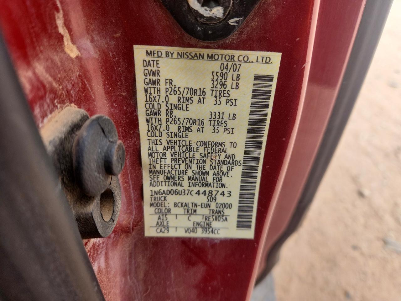 2007 Nissan Frontier King Cab Le Maroon vin: 1N6AD06U37C448743