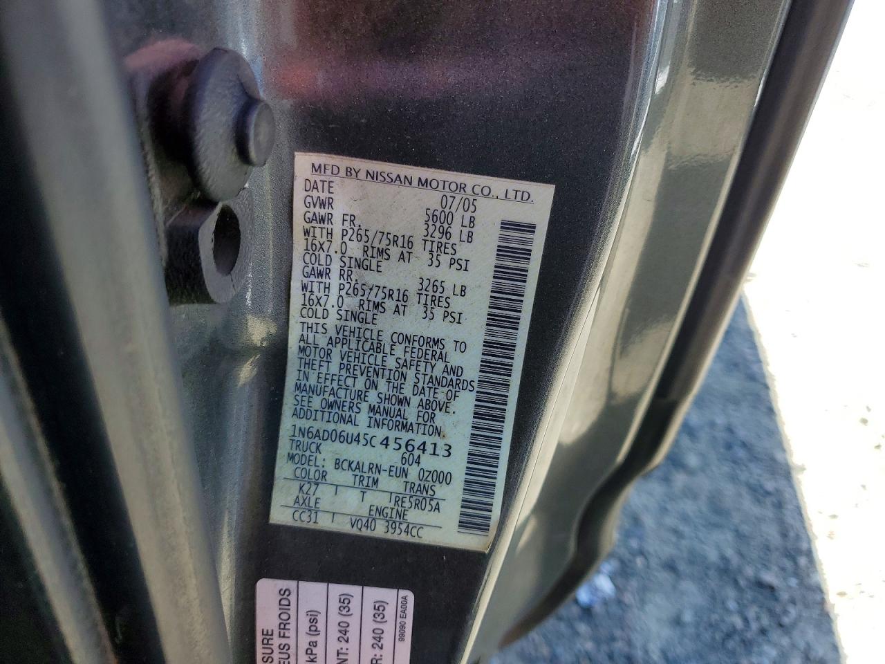 2005 Nissan Frontier Se Charcoal vin: 1N6AD06U45C456413