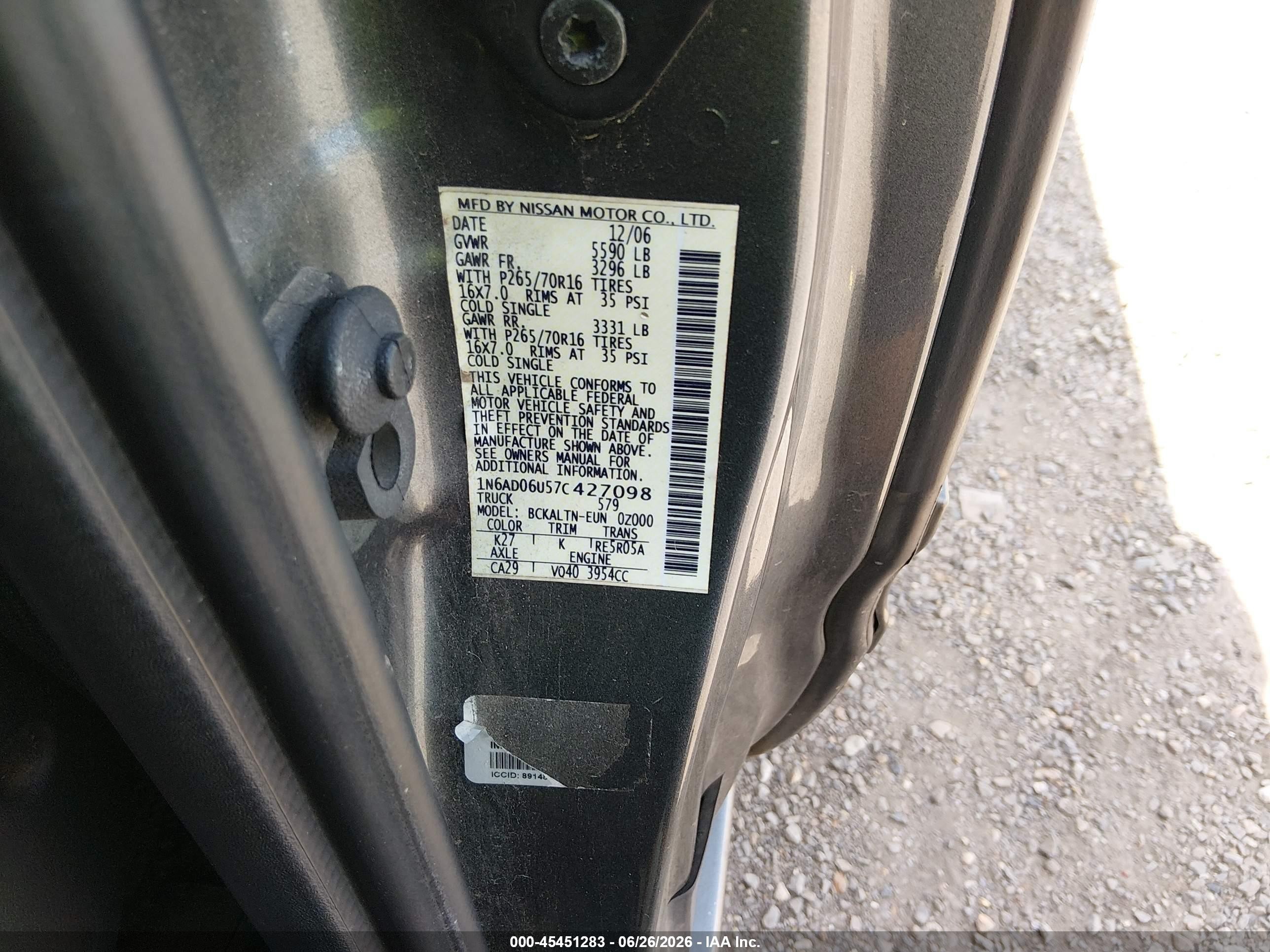 2007 Nissan Frontier Se Gray vin: 1N6AD06U57C427098