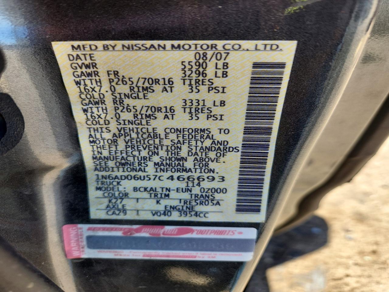 2007 Nissan Frontier Se Gray vin: 1N6AD06U57C466693
