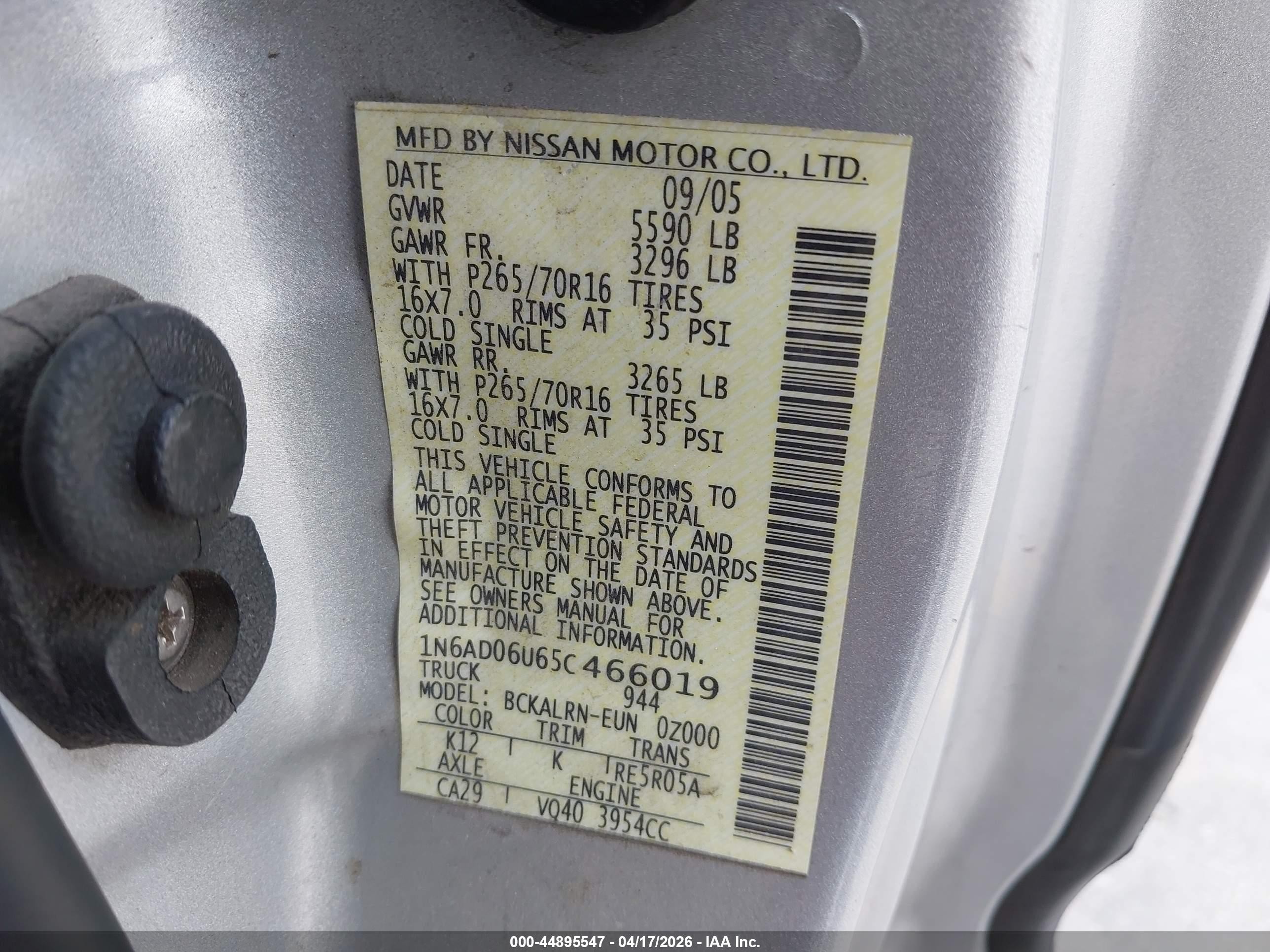 2005 Nissan Frontier Se Silver vin: 1N6AD06U65C466019