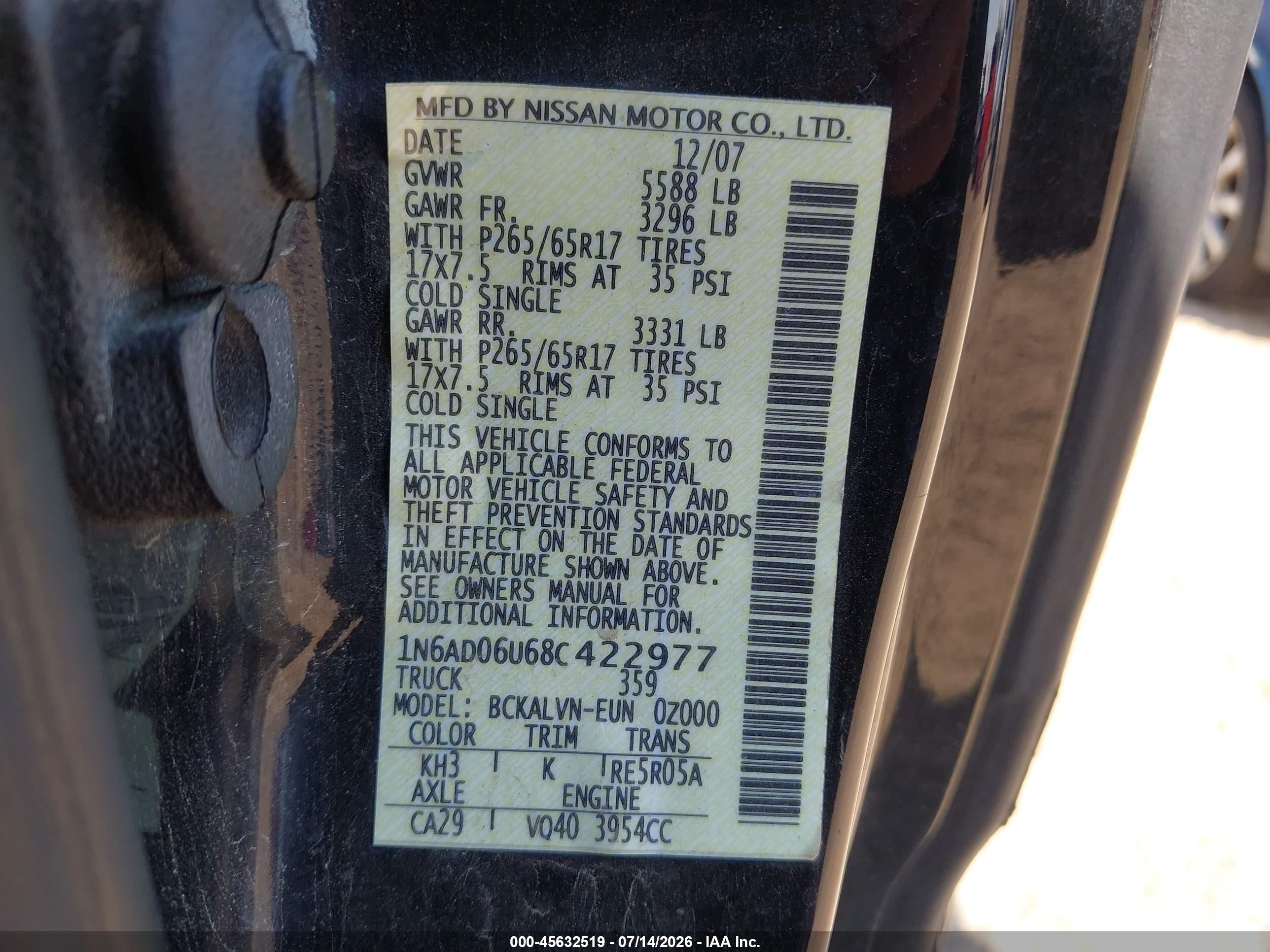 2008 Nissan Frontier Le Black vin: 1N6AD06U68C422977