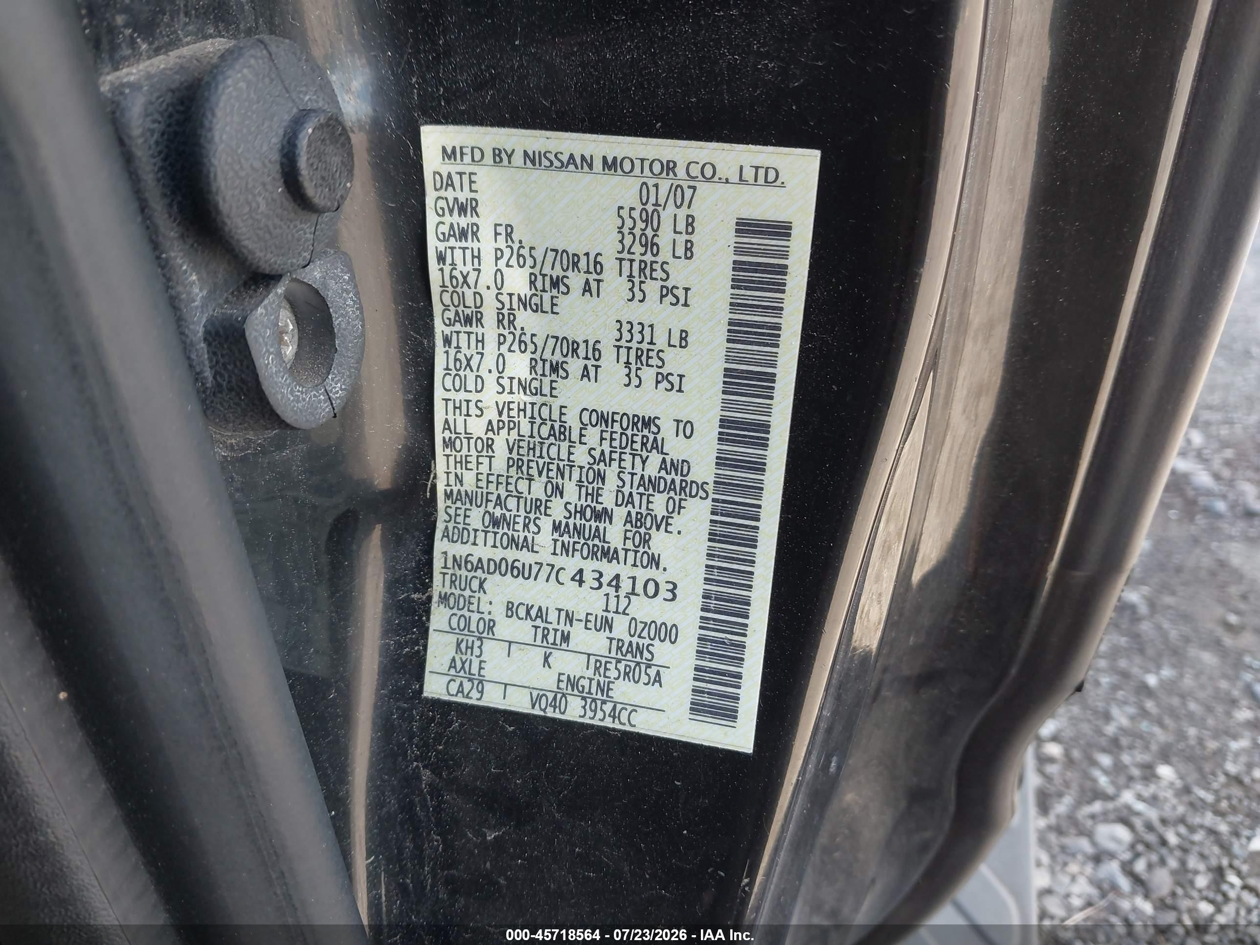 2007 Nissan Frontier Se Black vin: 1N6AD06U77C434103