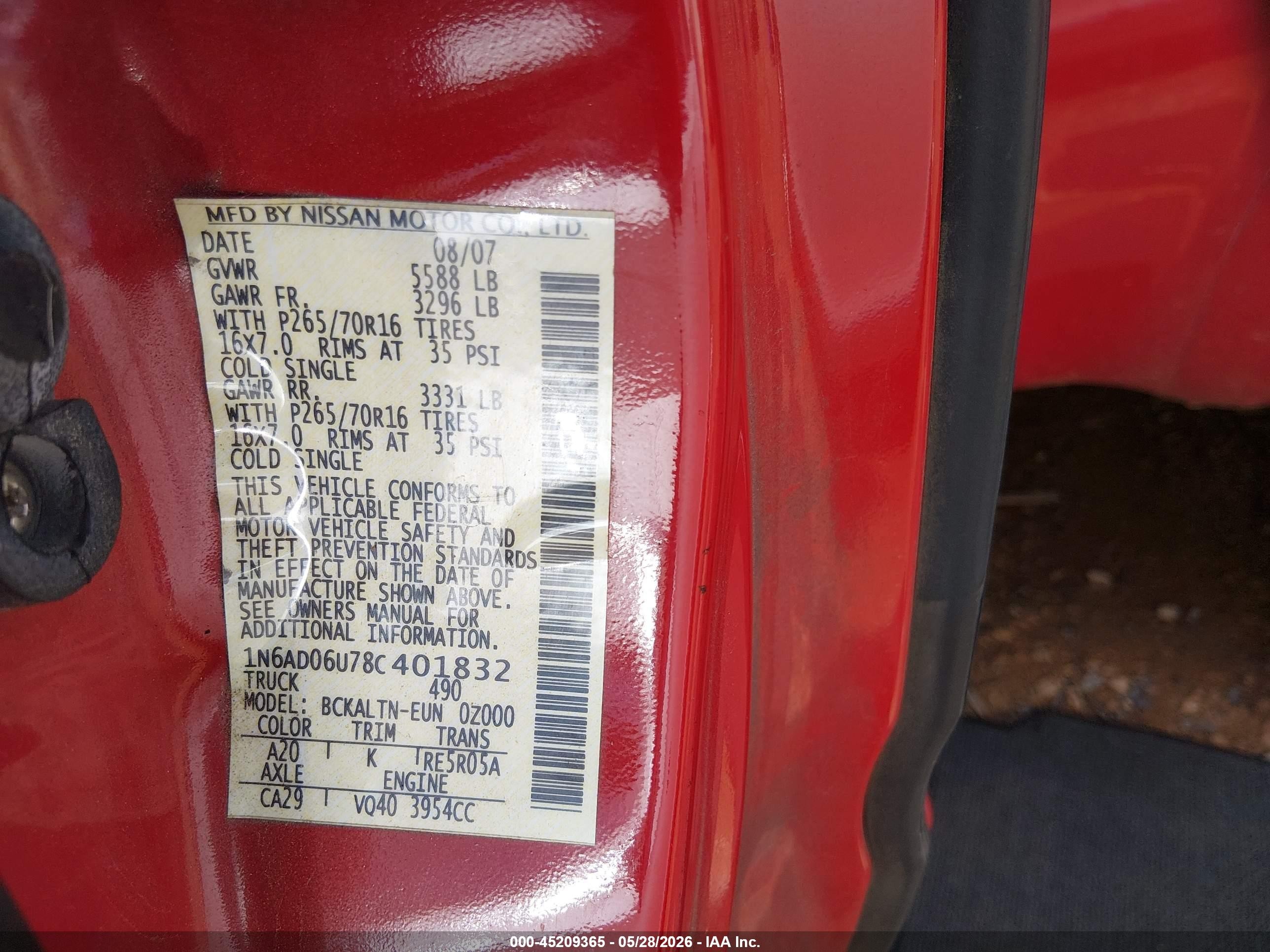 2008 Nissan Frontier Se Red vin: 1N6AD06U78C401832