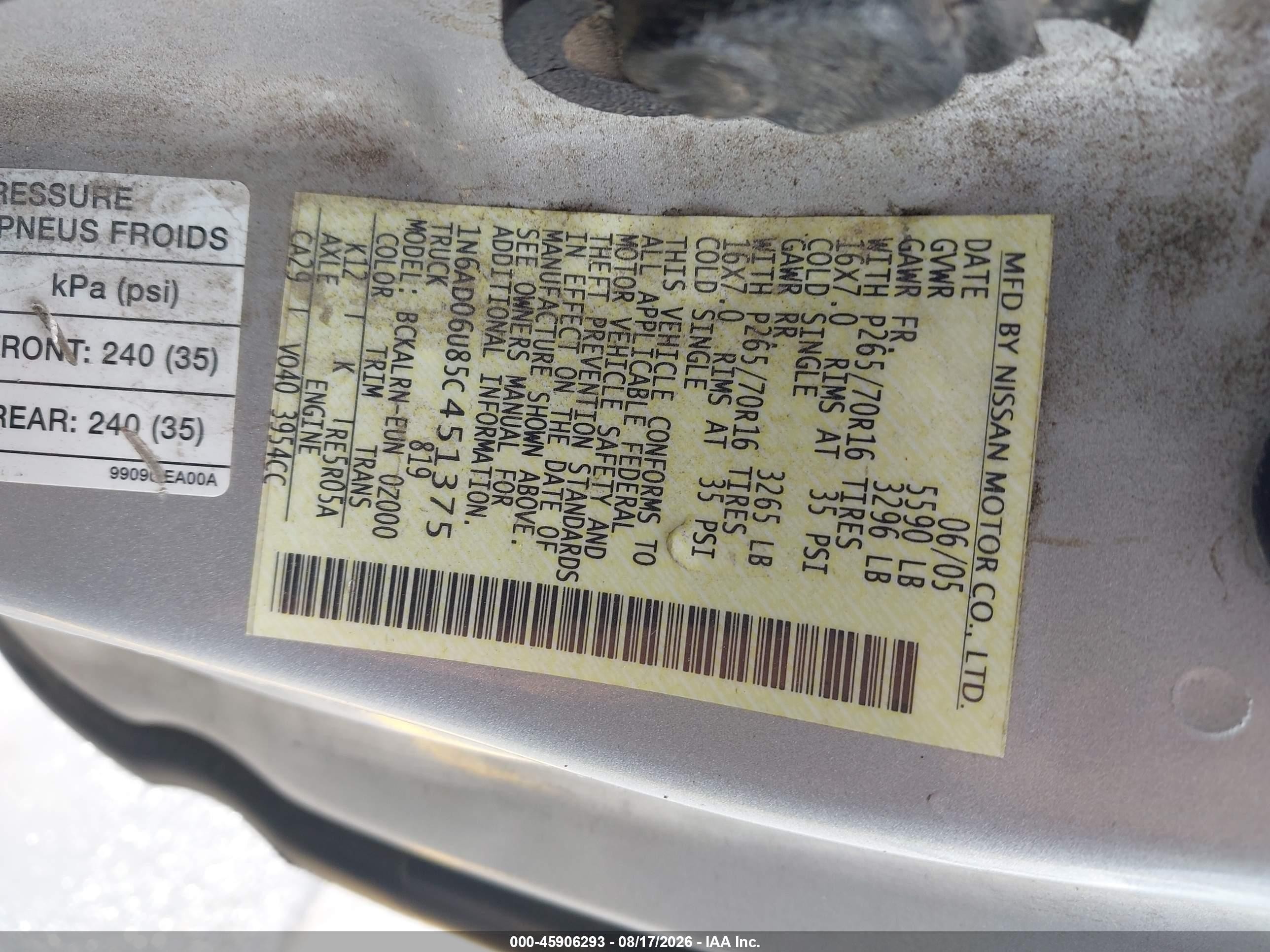 2005 Nissan Frontier Se Silver vin: 1N6AD06U85C451375