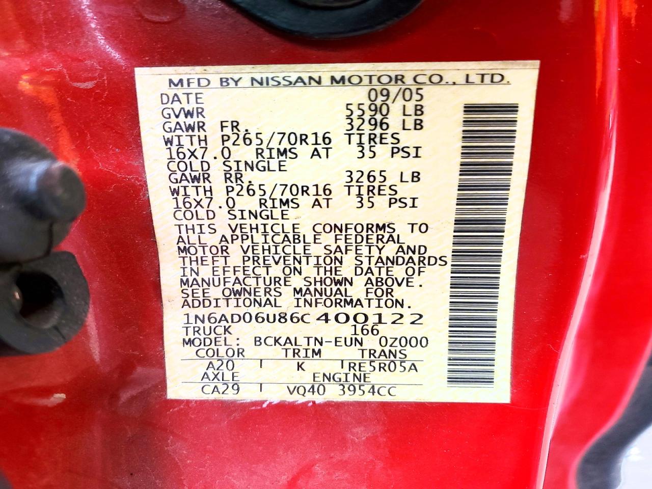 2006 Nissan Frontier Red vin: 1N6AD06U86C400122
