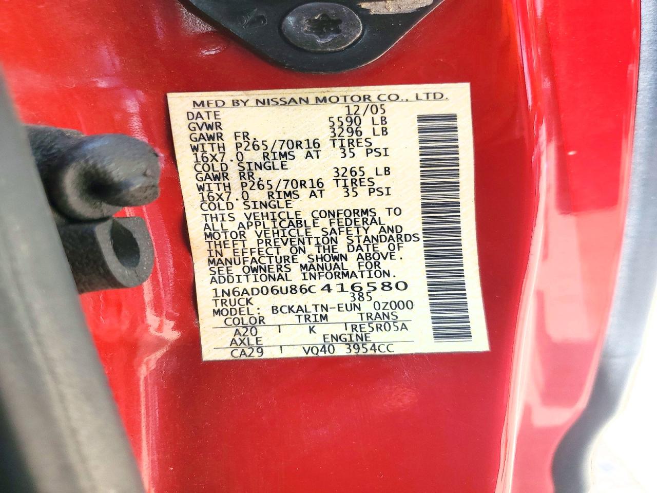 2006 Nissan Frontier Se Red vin: 1N6AD06U86C416580