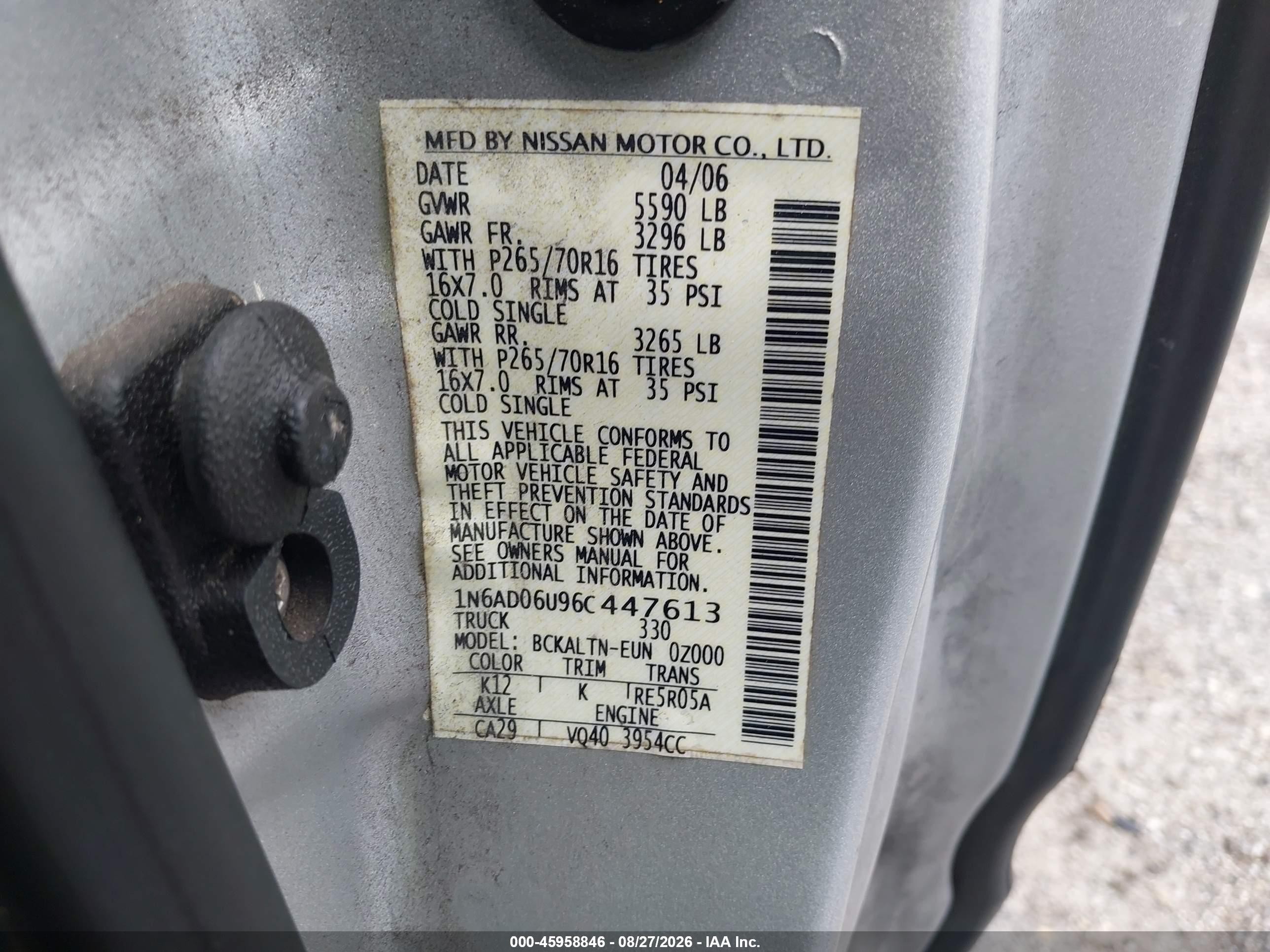 2006 Nissan Frontier Se Silver vin: 1N6AD06U96C447613