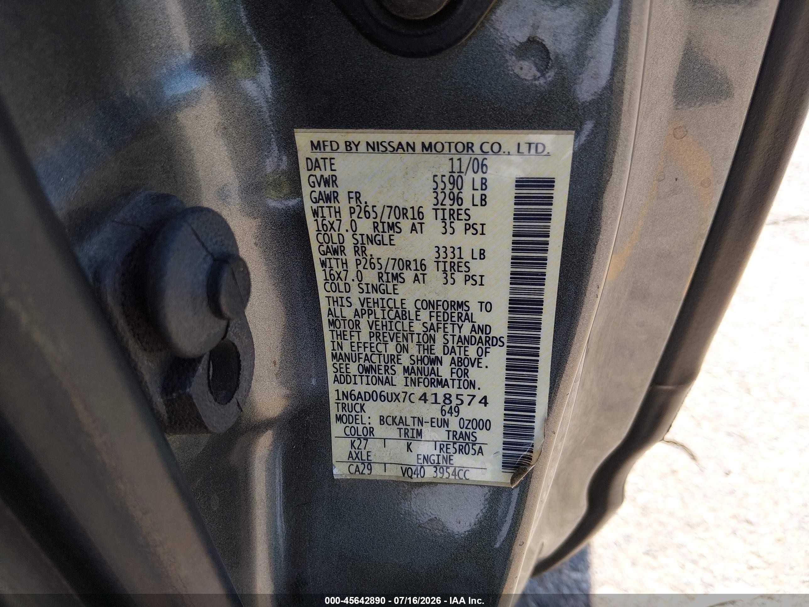 2007 Nissan Frontier Se Gray vin: 1N6AD06UX7C418574