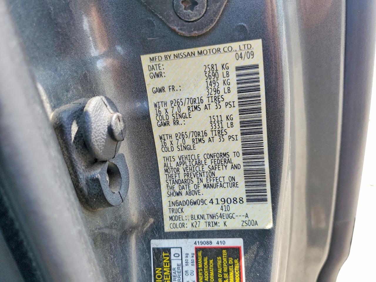 2009 Nissan Frontier Se V6 Gray vin: 1N6AD06W09C419088