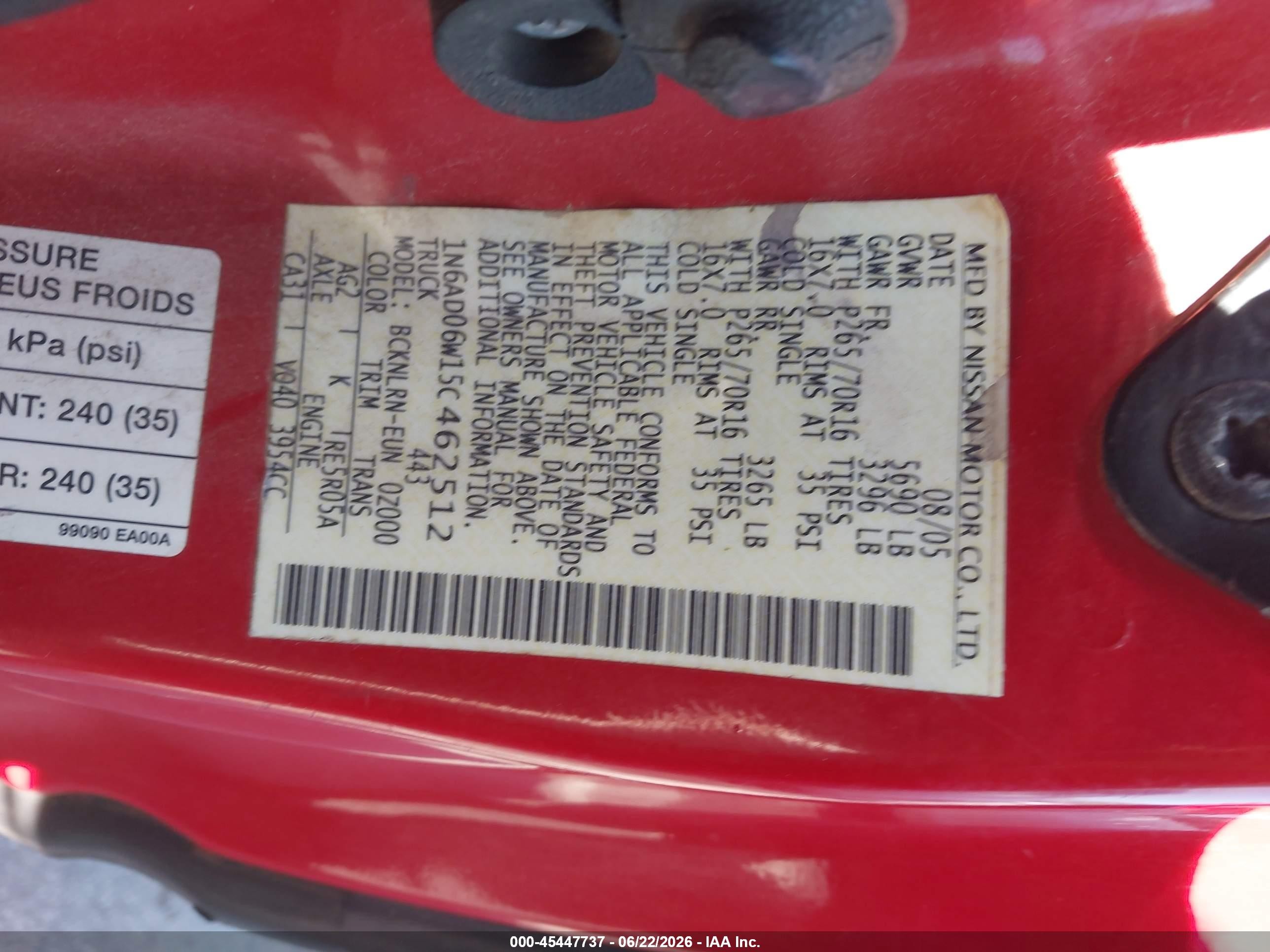 2005 Nissan Frontier 4wd Se Red vin: 1N6AD06W15C462512