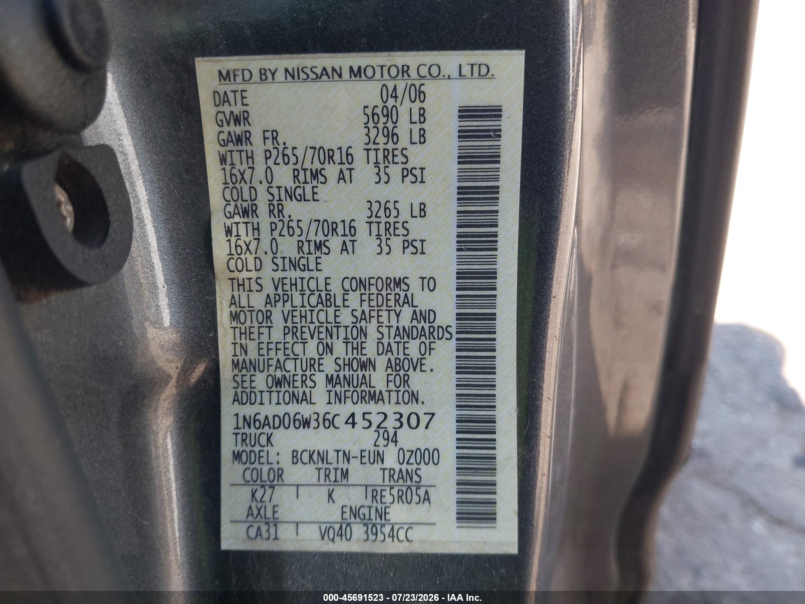 2006 Nissan Frontier Se Gray vin: 1N6AD06W36C452307