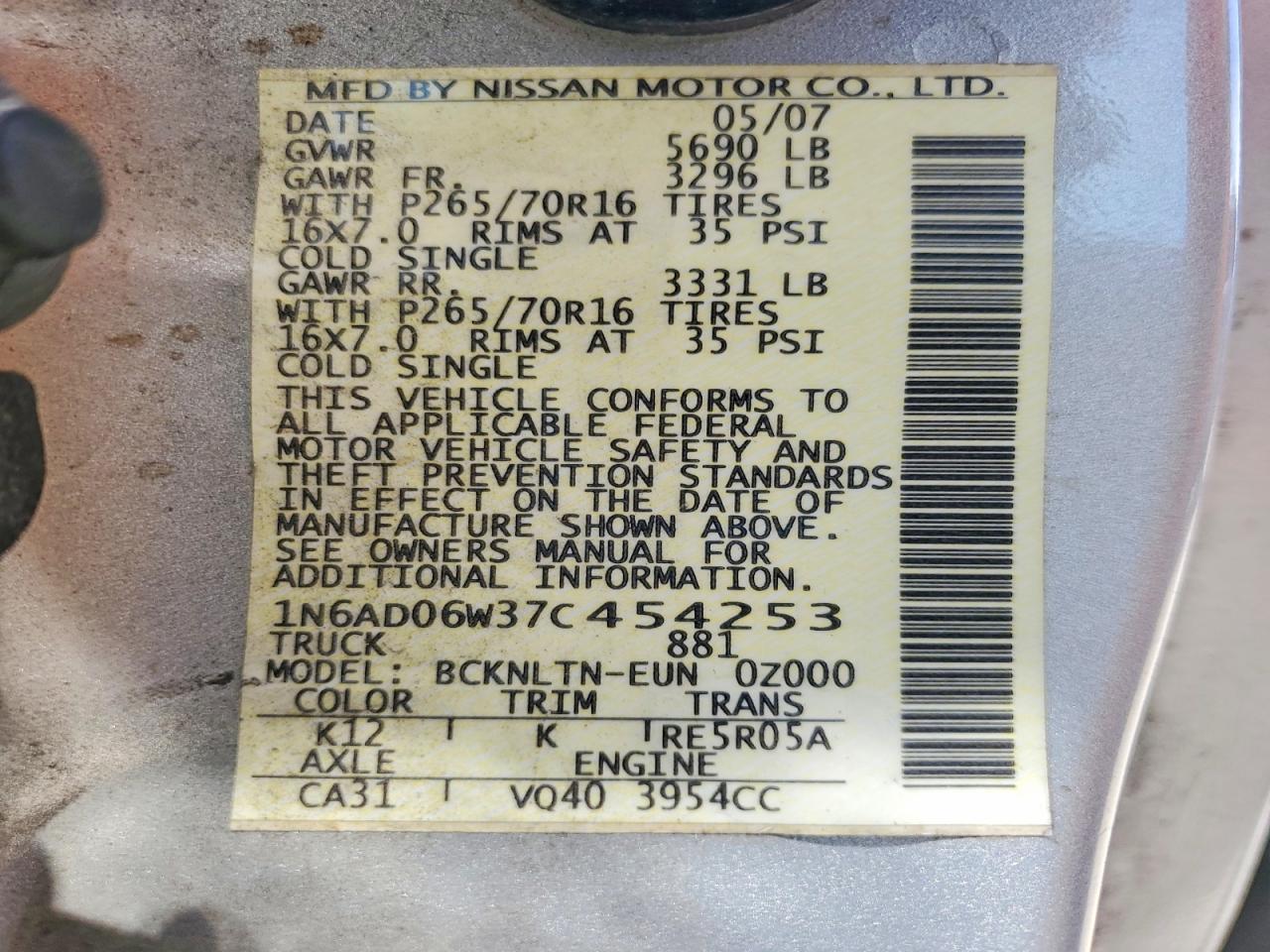 2007 Nissan Frontier Se Silver vin: 1N6AD06W37C454253