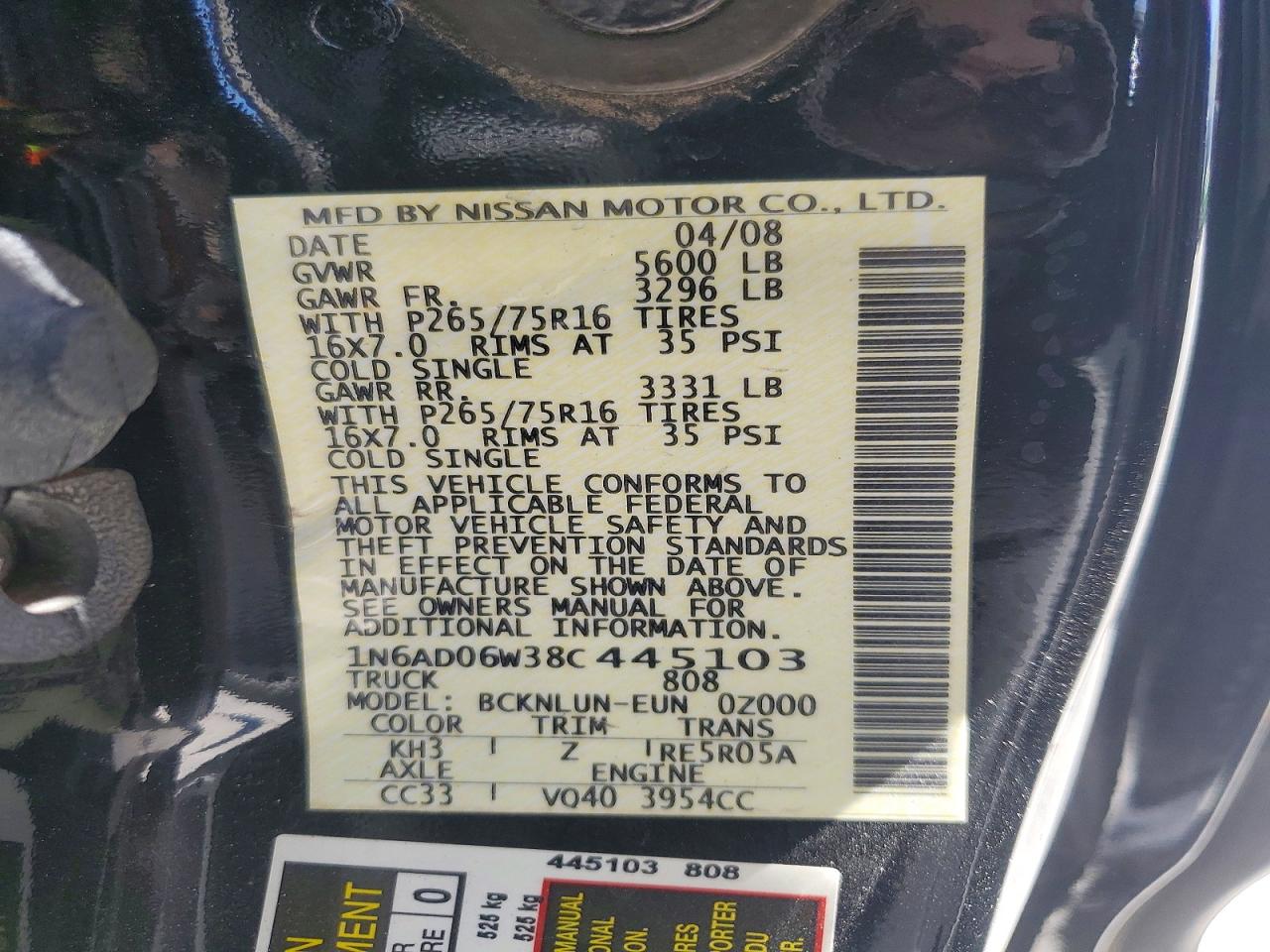 2008 Nissan Frontier Se V6 Black vin: 1N6AD06W38C445103