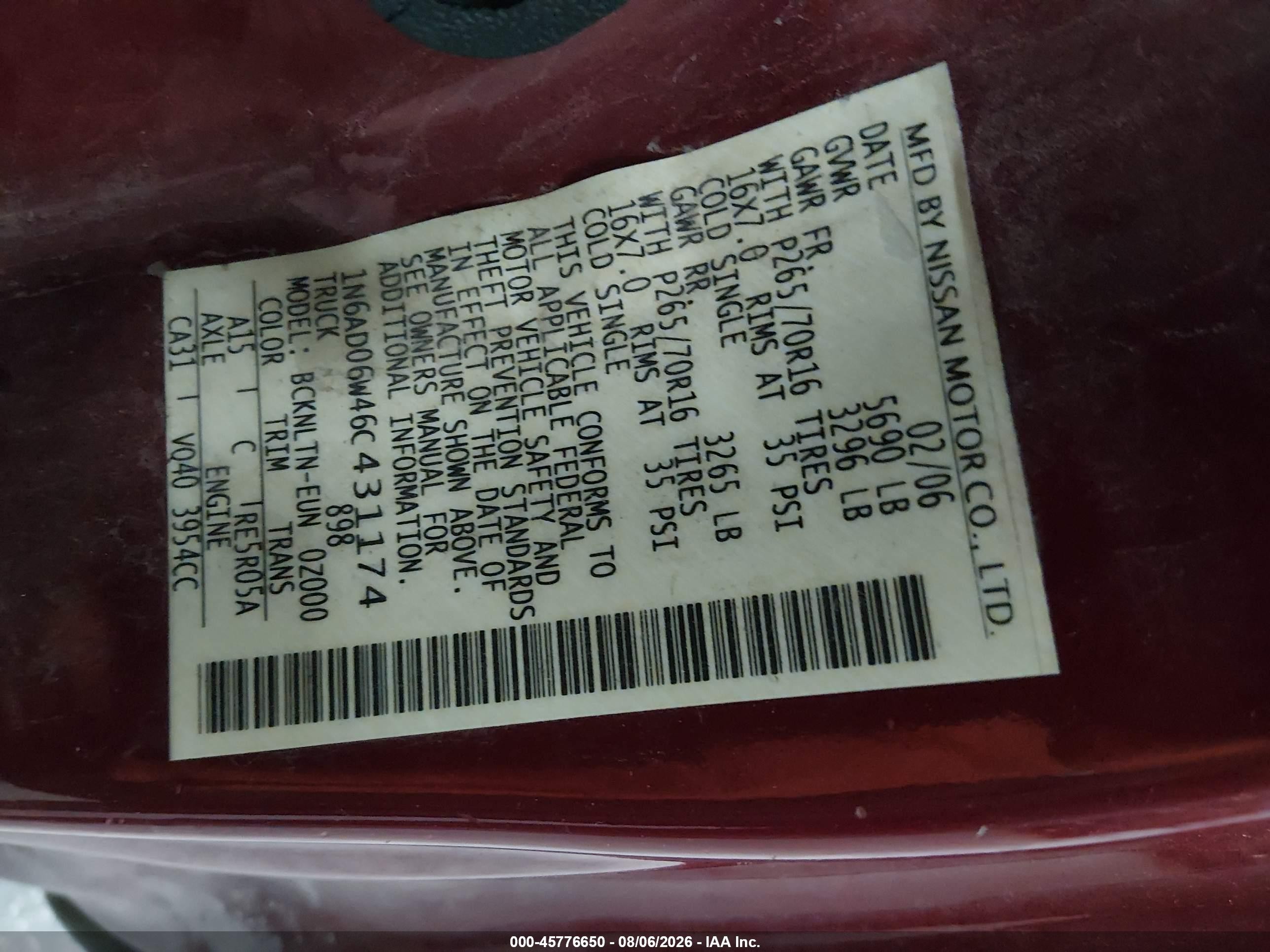 2006 Nissan Frontier Se Red vin: 1N6AD06W46C431174
