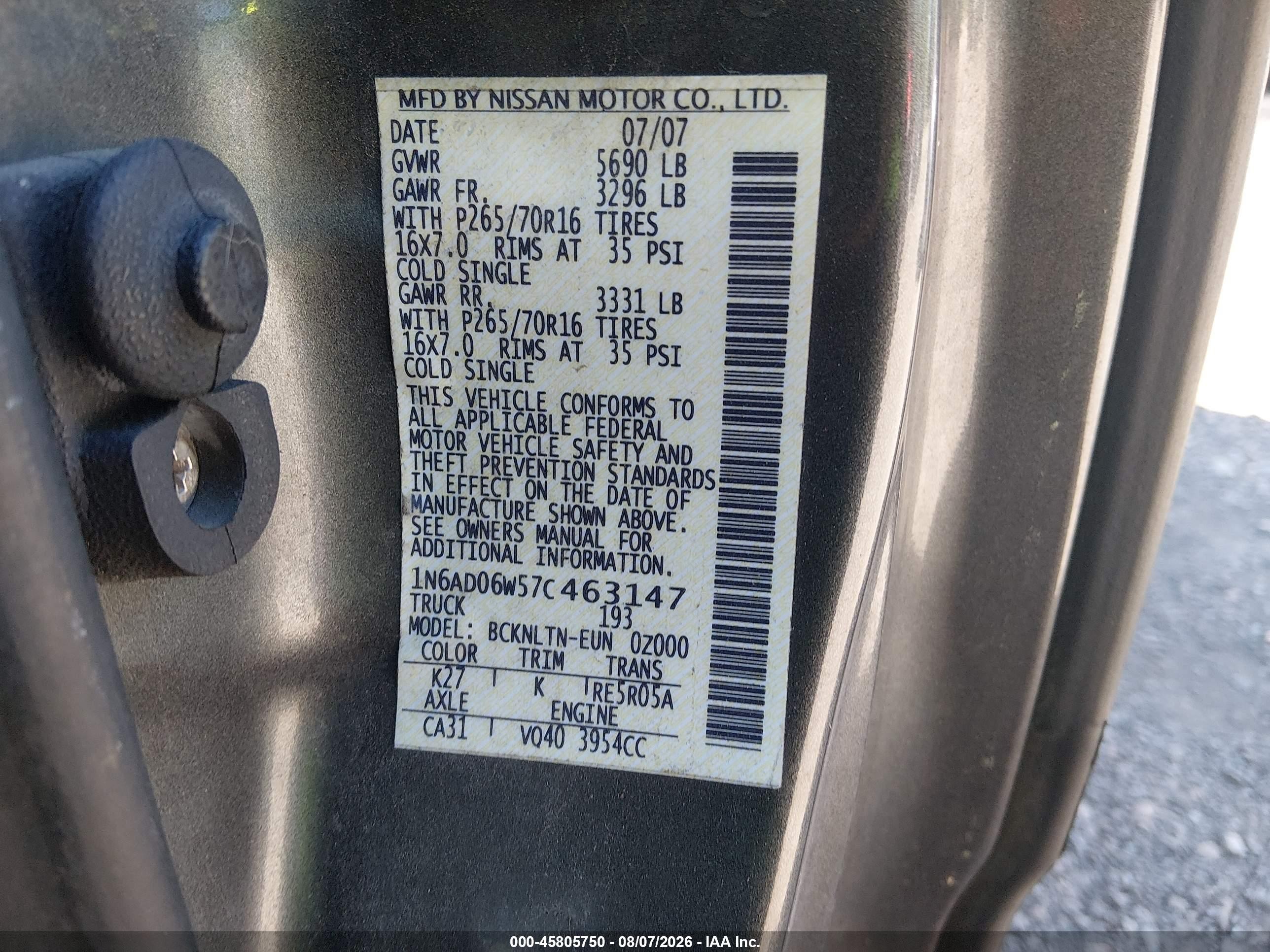 2007 Nissan Frontier Se Gray vin: 1N6AD06W57C463147