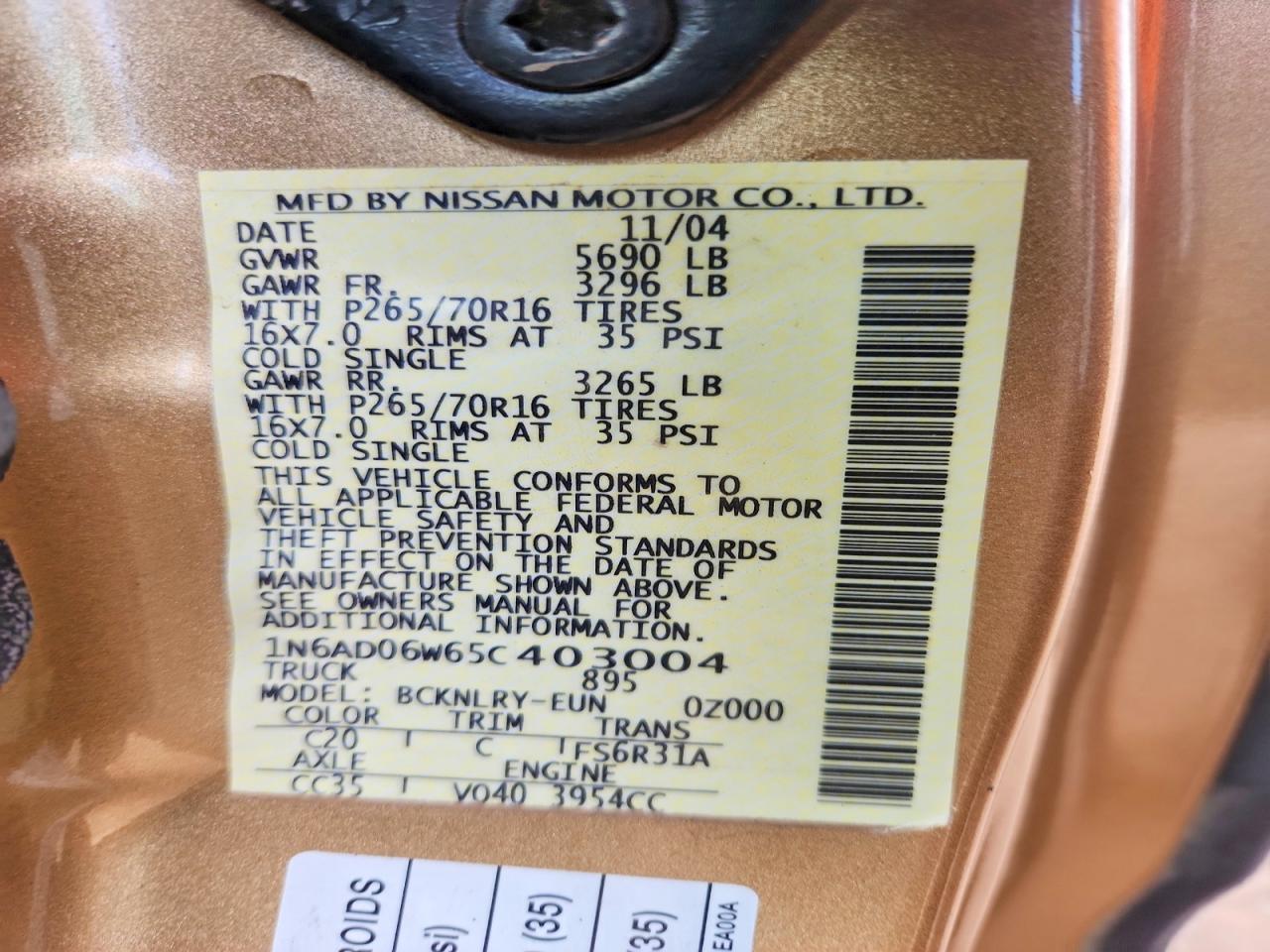 2005 Nissan Frontier Se Gold vin: 1N6AD06W65C403004