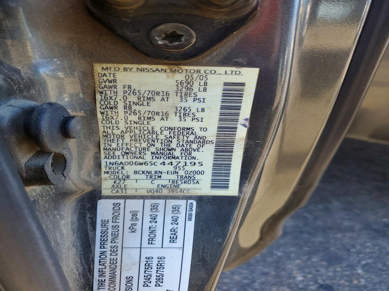 2005 Nissan Frontier Se Gray vin: 1N6AD06W65C447195
