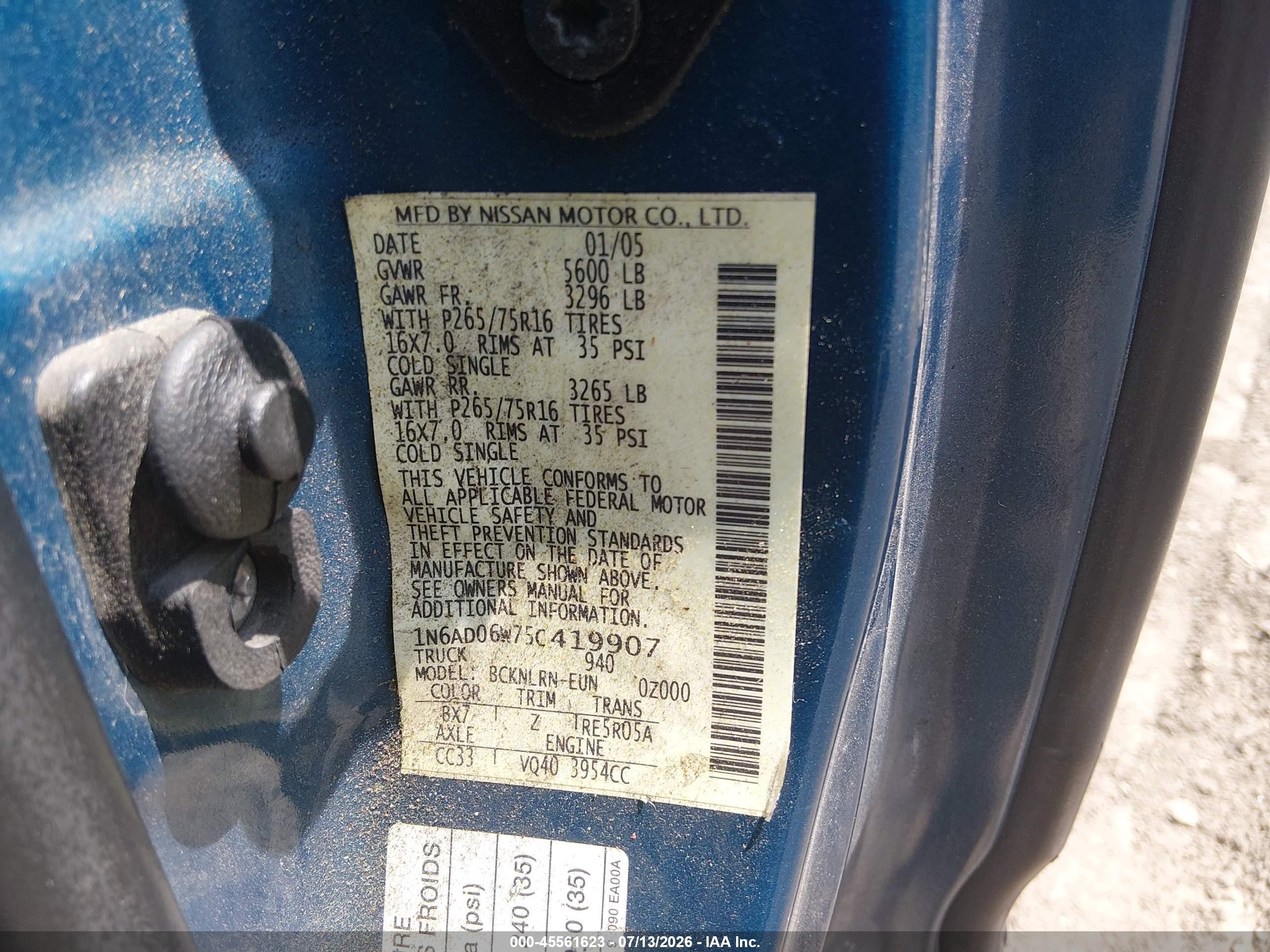 2005 Nissan Frontier 4wd Nismo Blue vin: 1N6AD06W75C419907