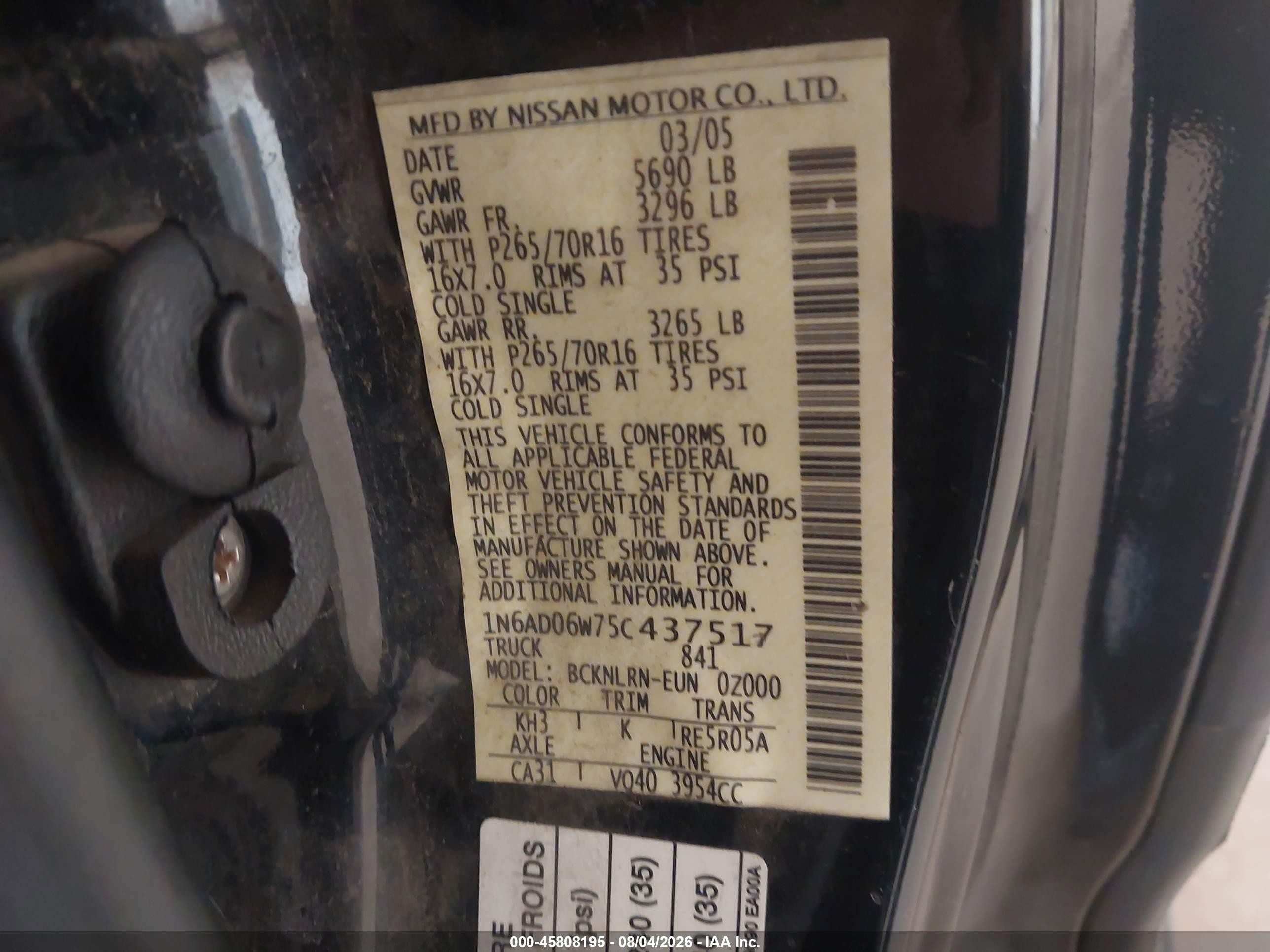 2005 Nissan Frontier Se Black vin: 1N6AD06W75C437517