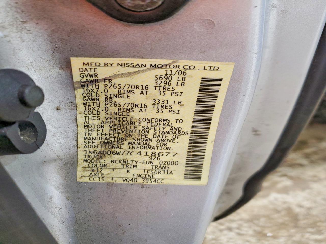 2007 Nissan Frontier Se Silver vin: 1N6AD06W77C418677
