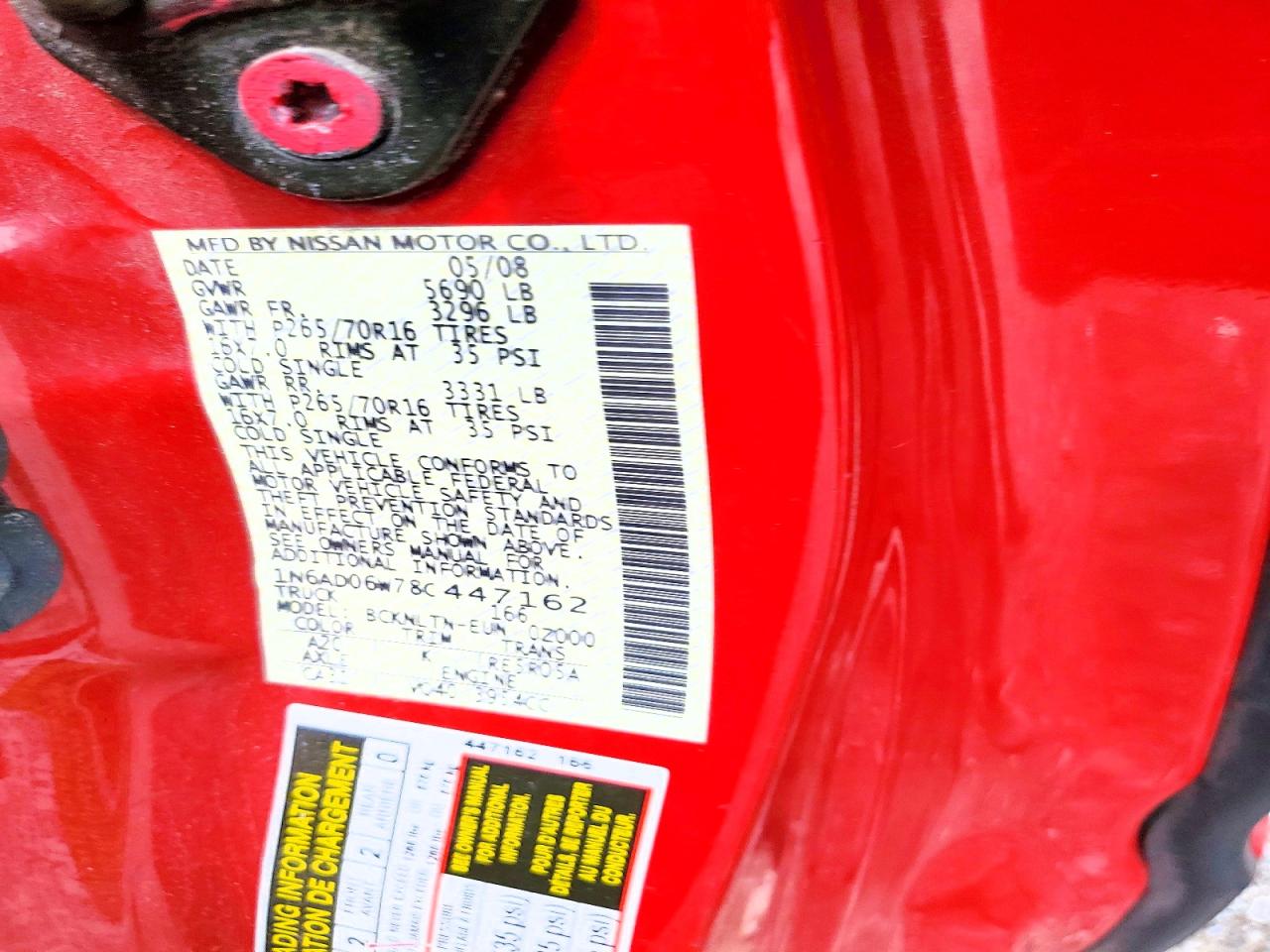 2008 Nissan Frontier Se V6 Red vin: 1N6AD06W78C447162