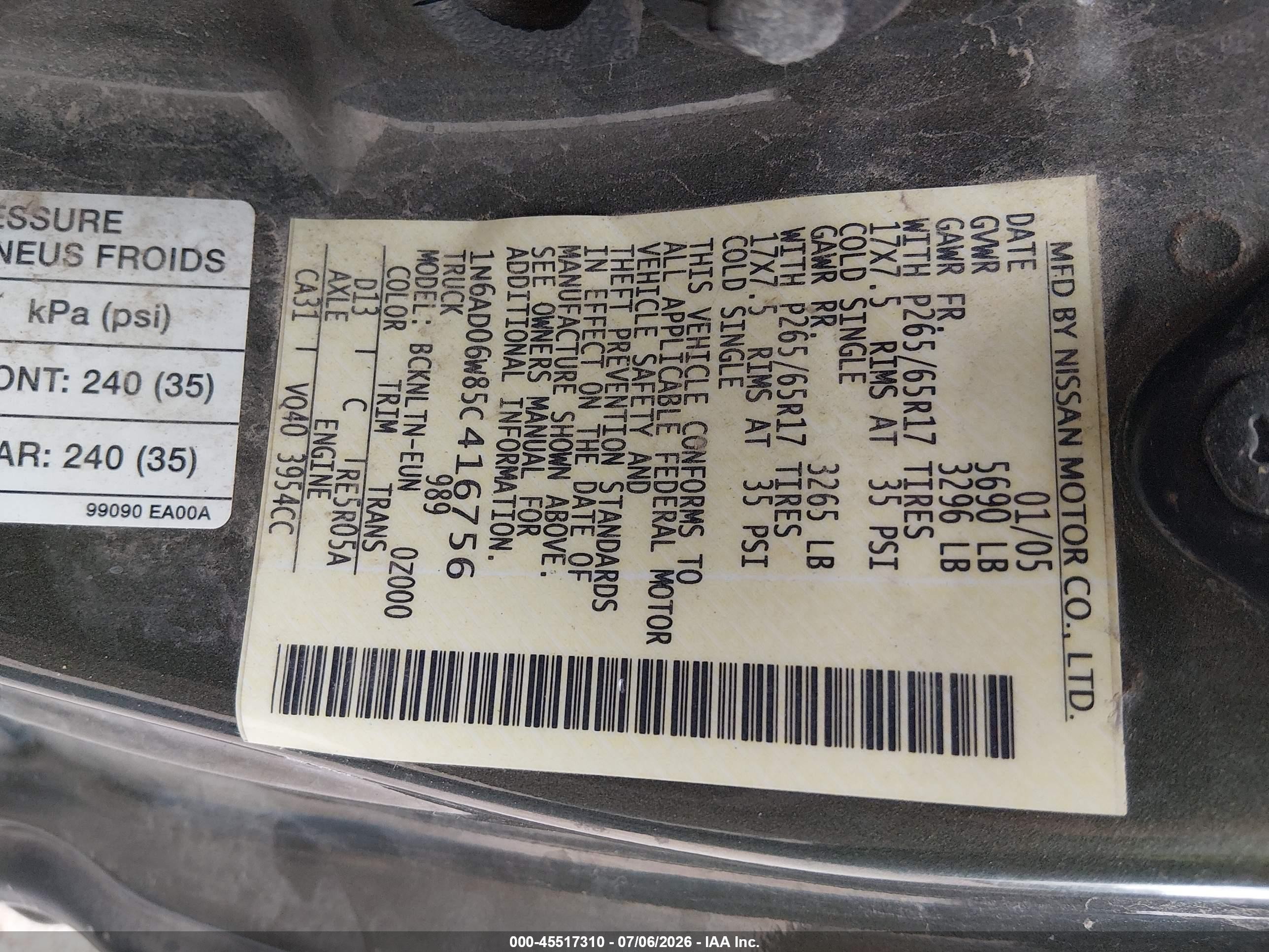 2005 Nissan Frontier 4wd Le Зеленый vin: 1N6AD06W85C416756