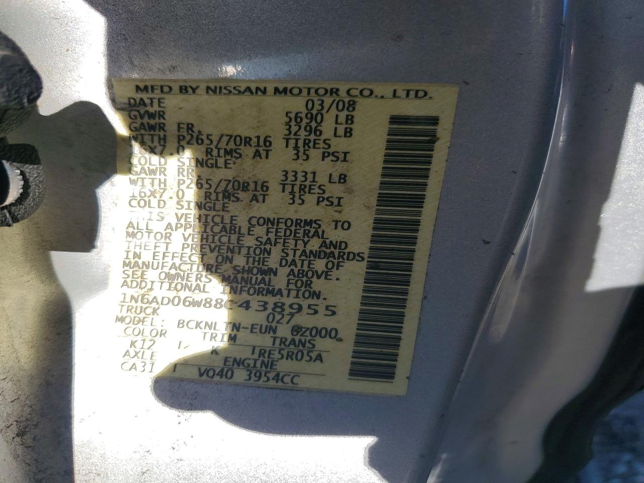 2008 Nissan Frontier Se V6 Silver vin: 1N6AD06W88C438955