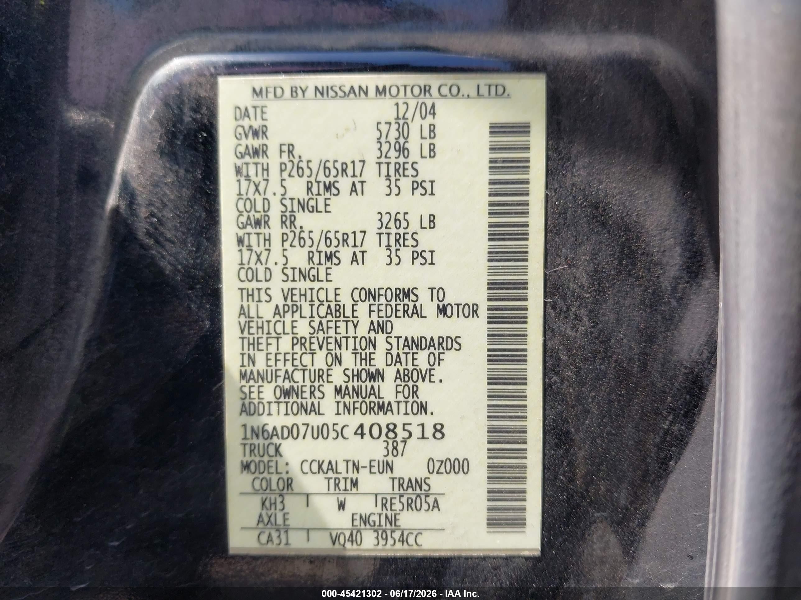 2005 Nissan Frontier 2wd Le Black vin: 1N6AD07U05C408518
