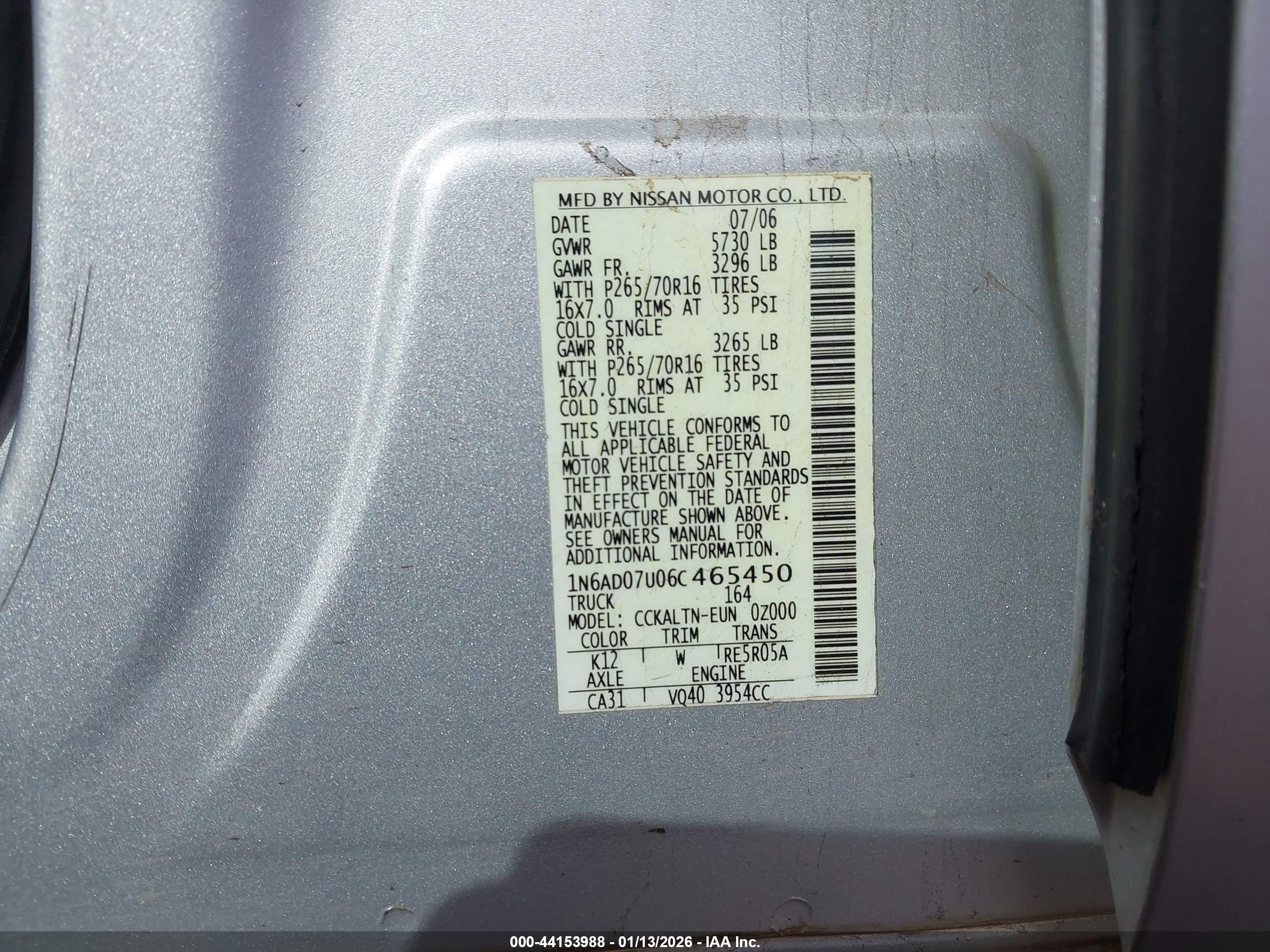 2006 Nissan Frontier Se Silver vin: 1N6AD07U06C465450