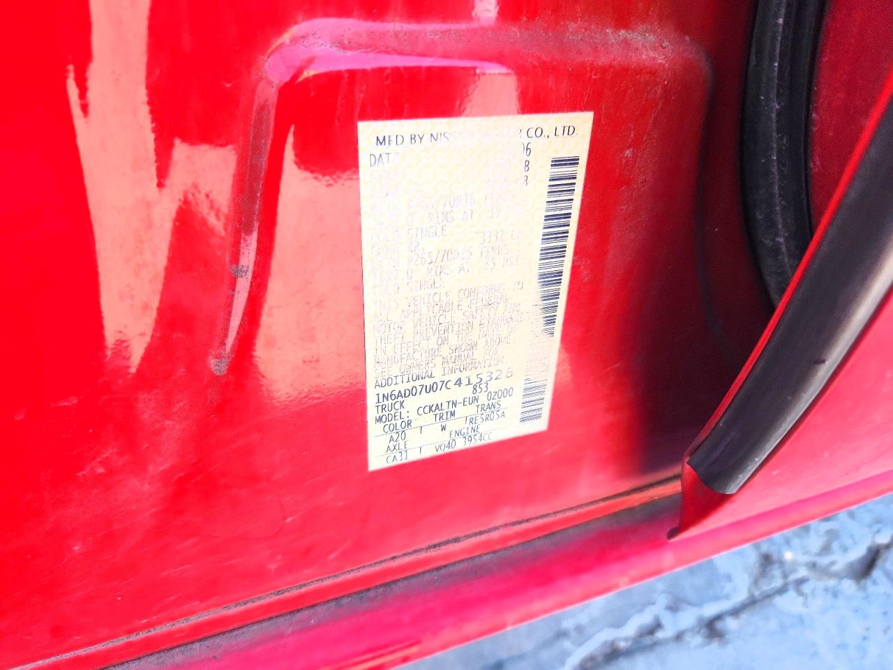2007 Nissan Frontier Se Red vin: 1N6AD07U07C415326