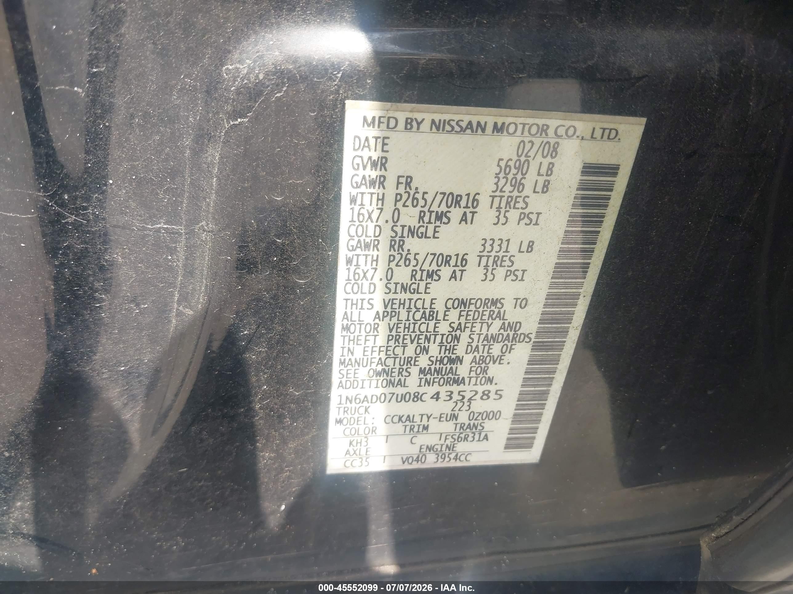 2008 Nissan Frontier Se Black vin: 1N6AD07U08C435285